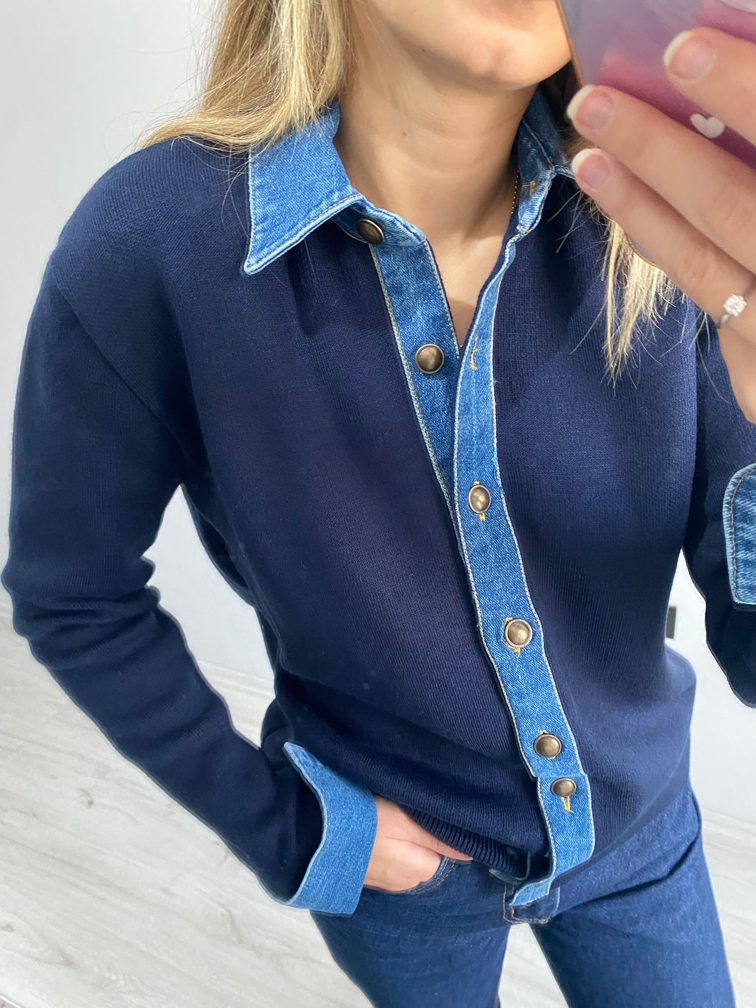 Denim Detaylı Çelik Hırka - Lacivert
