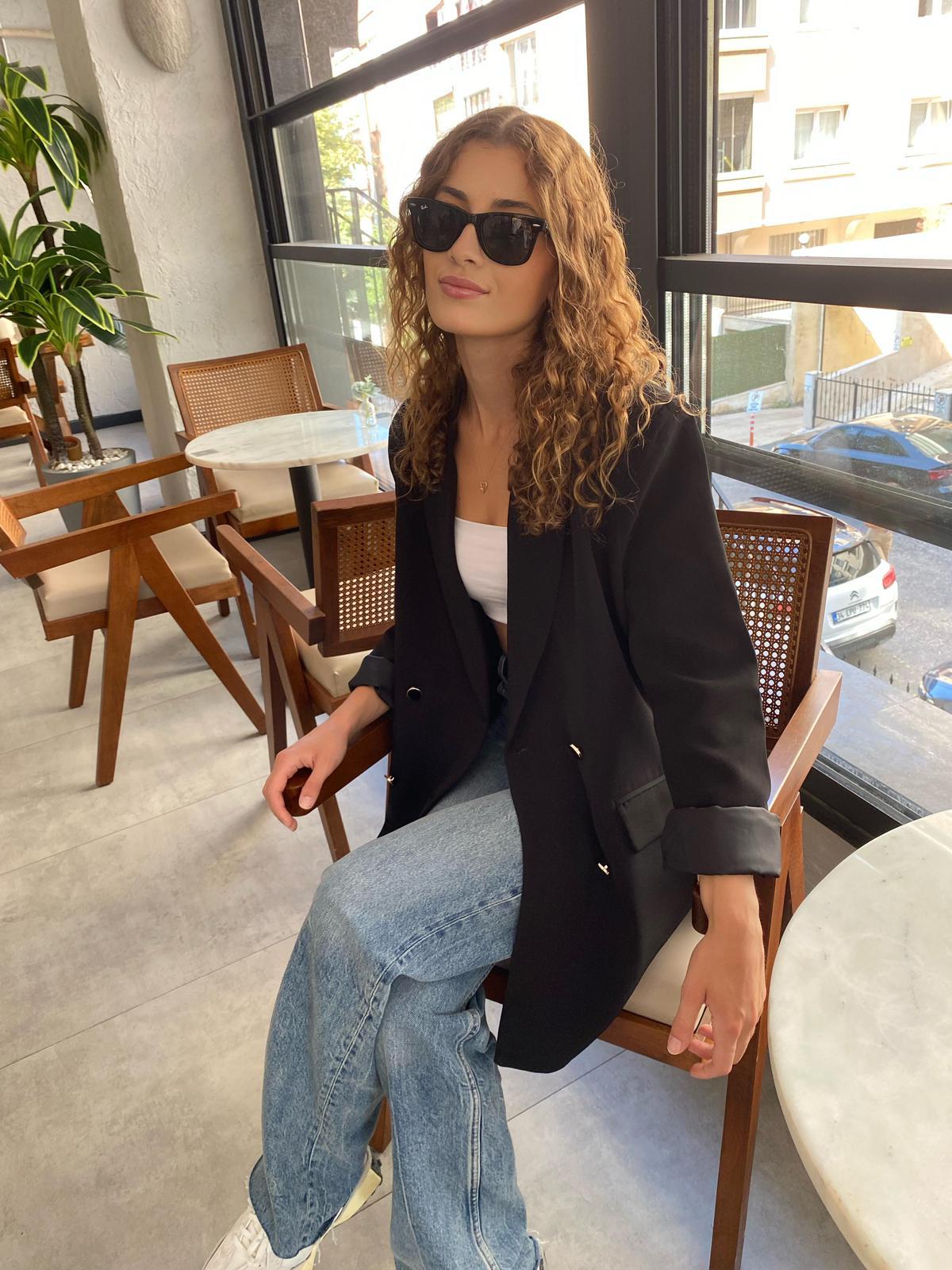 Düğme Detaylı Oversize Kalıp Blazer Ceket Siyah