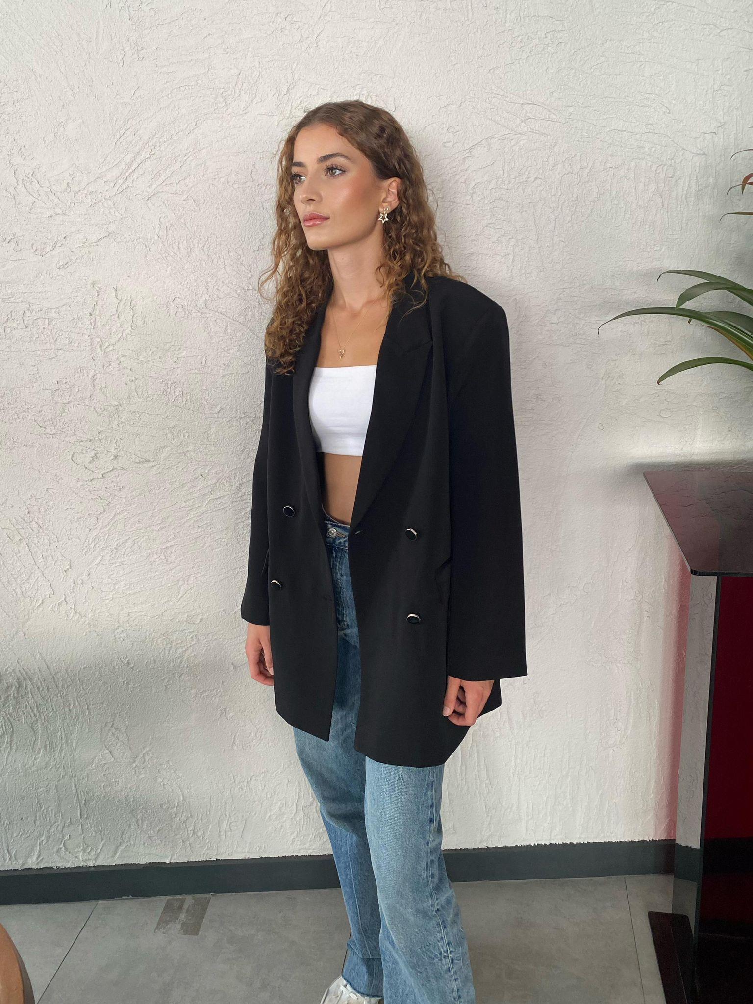 Düğme Detaylı Oversize Kalıp Blazer Ceket Siyah