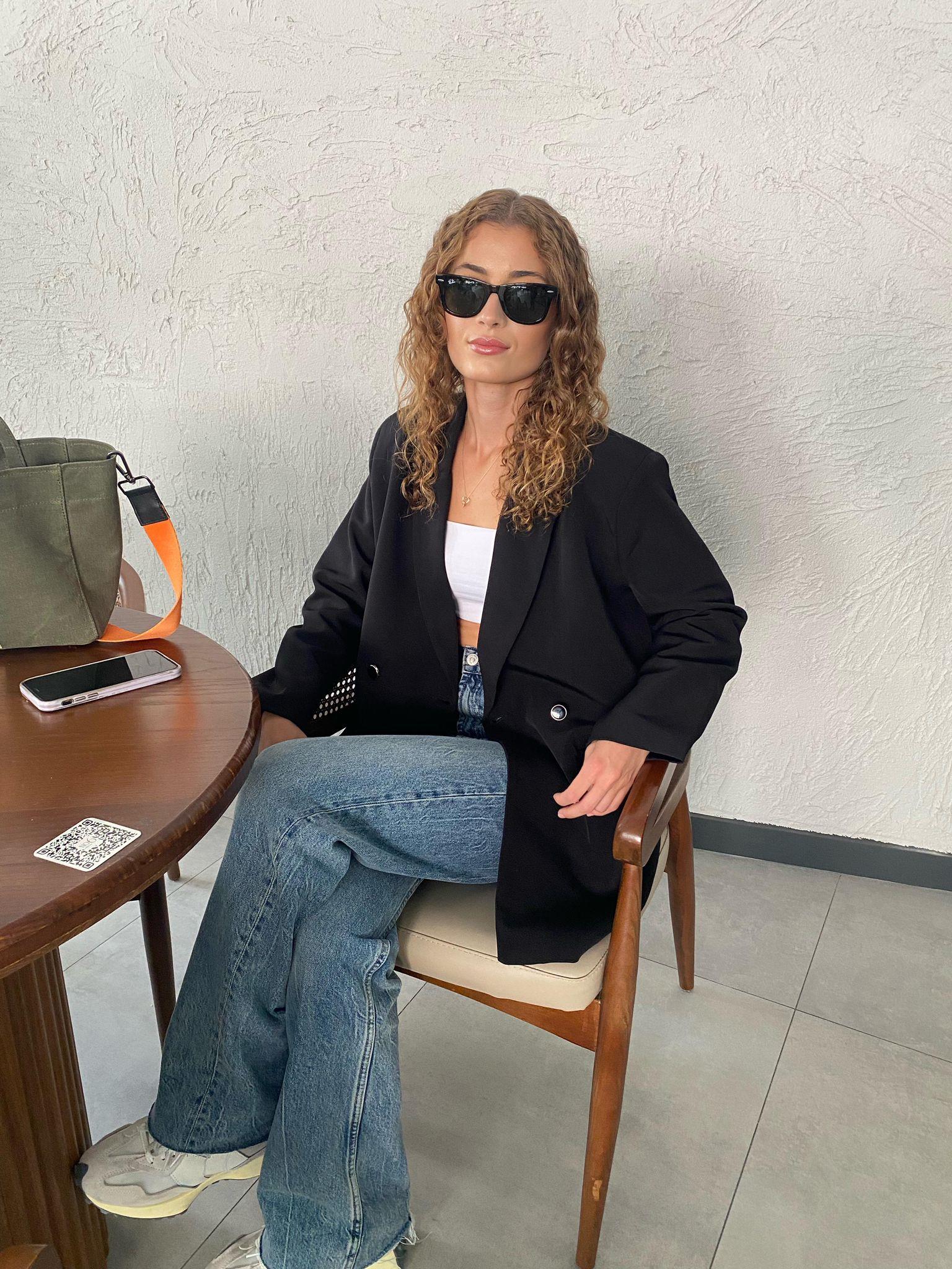 Düğme Detaylı Oversize Kalıp Blazer Ceket Siyah