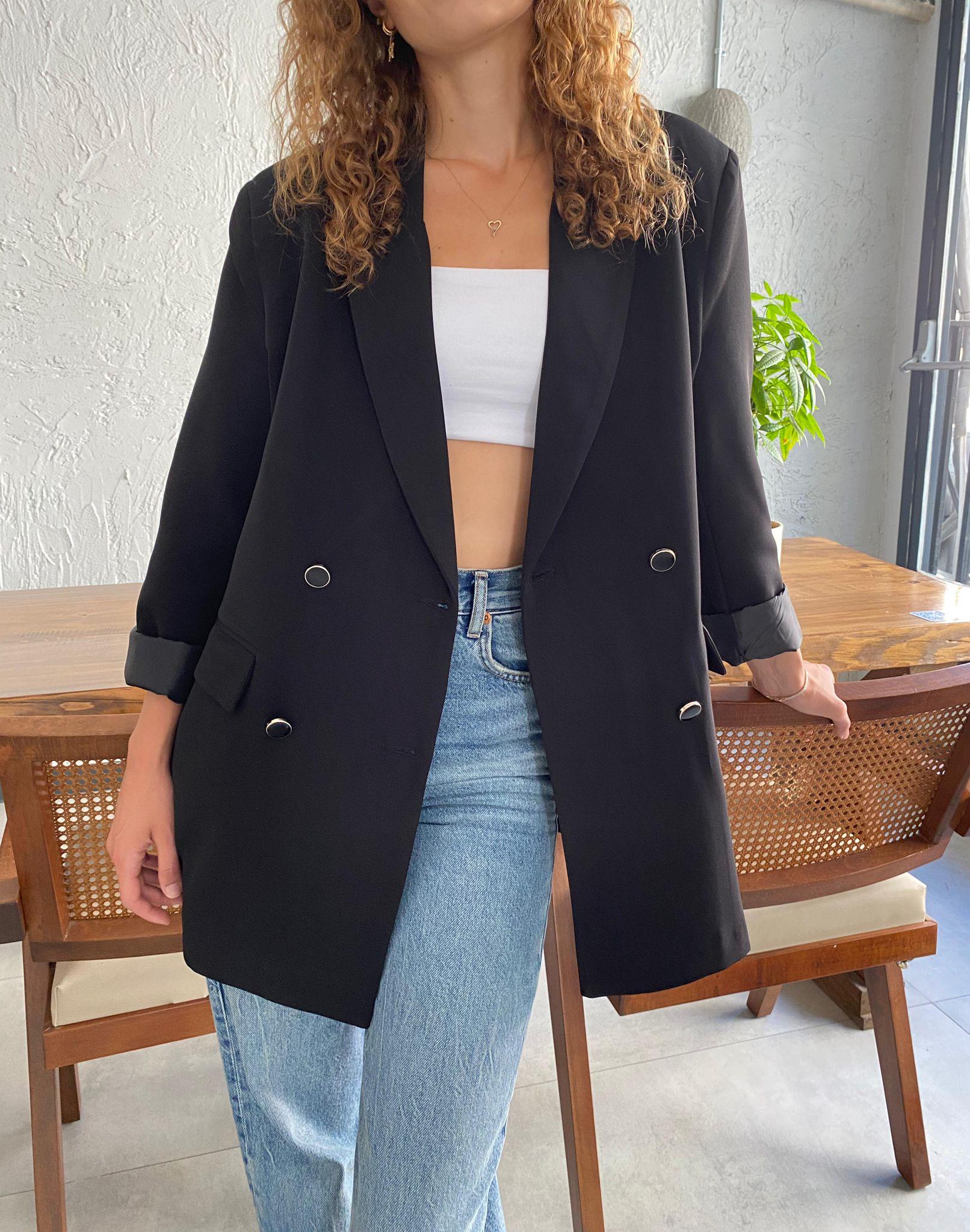 Düğme Detaylı Oversize Kalıp Blazer Ceket Siyah