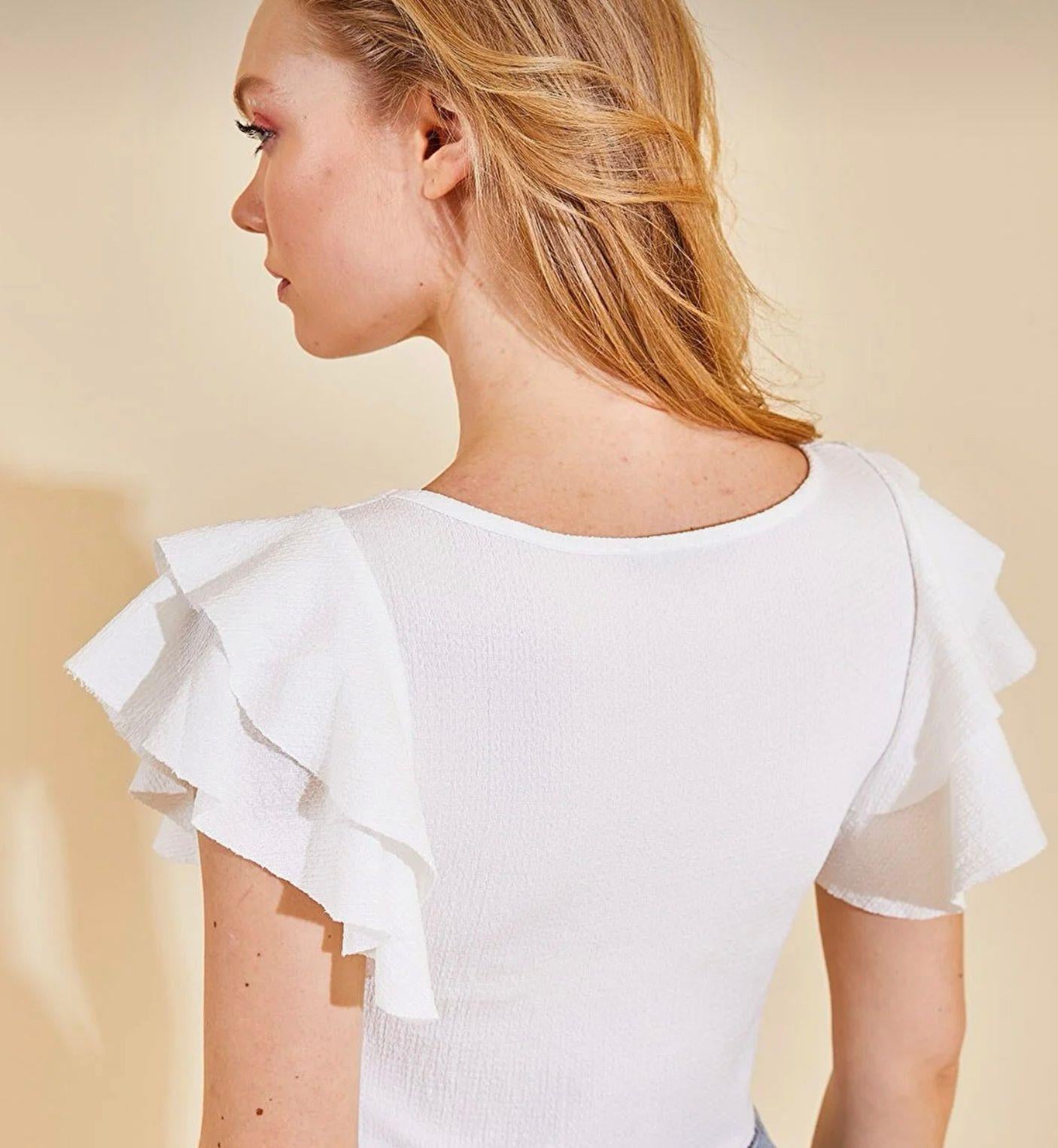 Fırfır Detay Crop Bluz Beyaz
