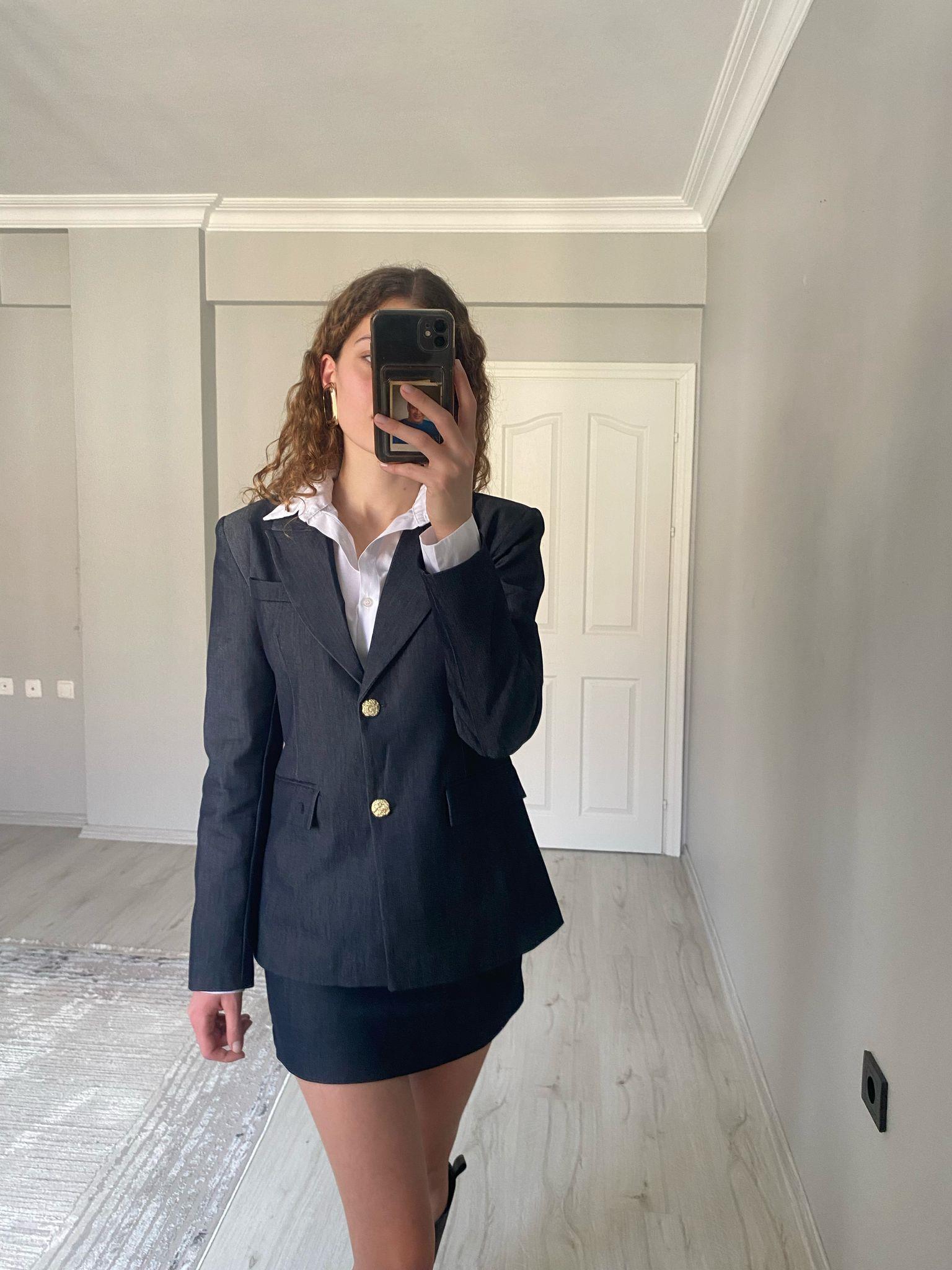 Gold Düğmeli Blazer Ceket Etek Denim Takım