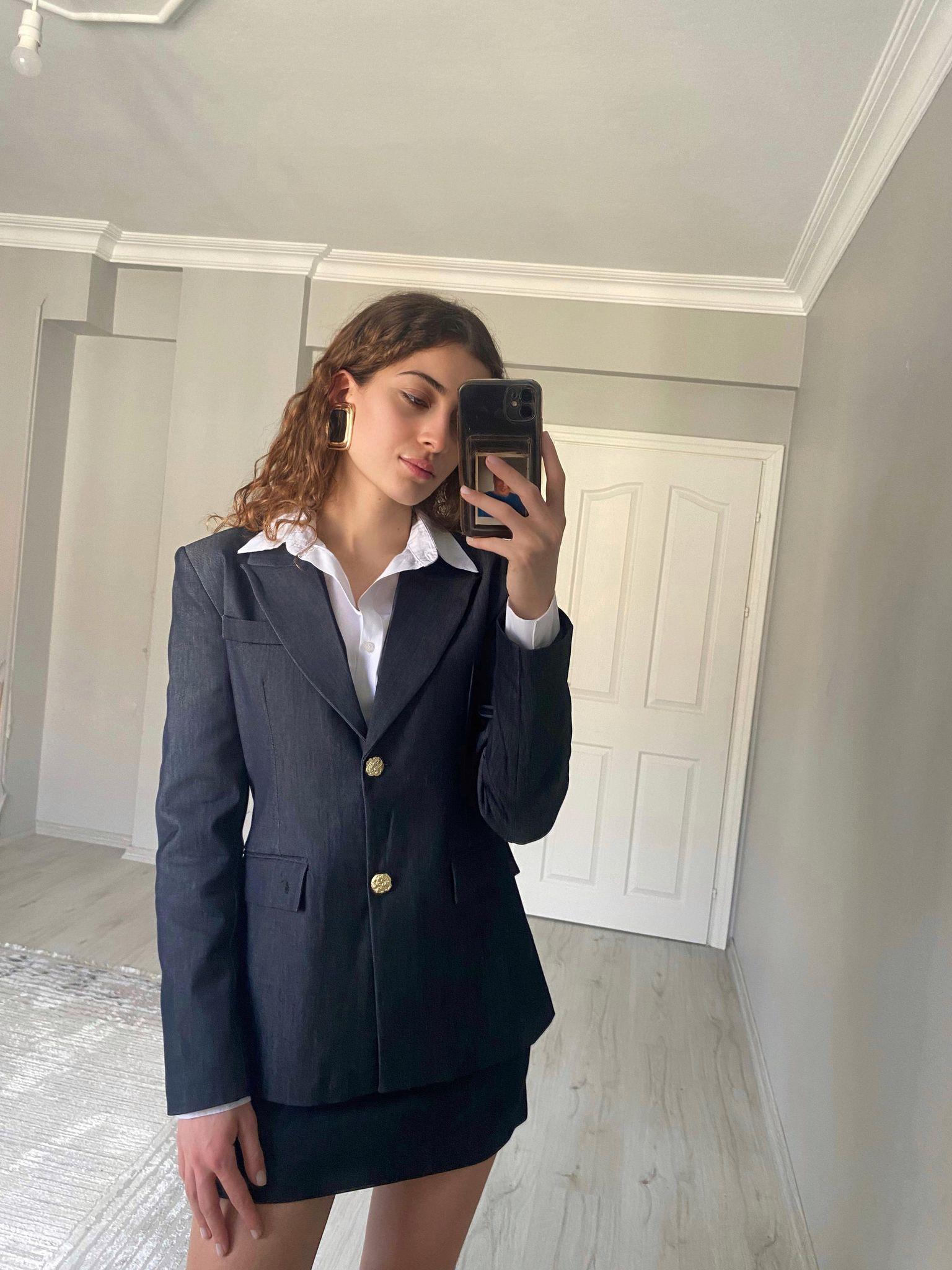 Gold Düğmeli Blazer Ceket Etek Denim Takım