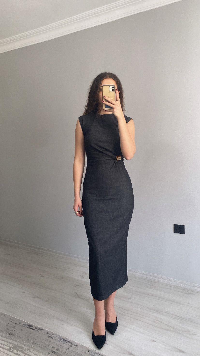 Gold Tokalı Premium Kalite Midi Boy Likralı Denim Elbise