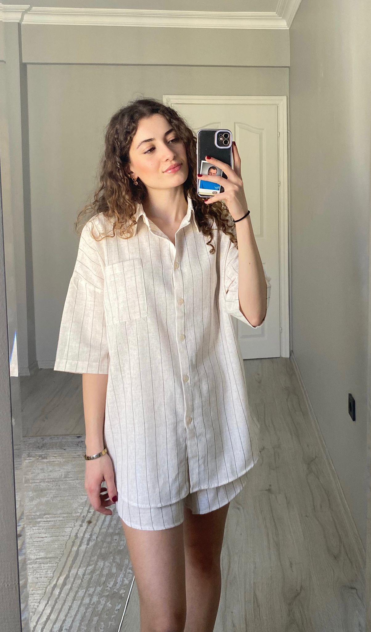 Gömlek Şort İkili Keten Takım Bej