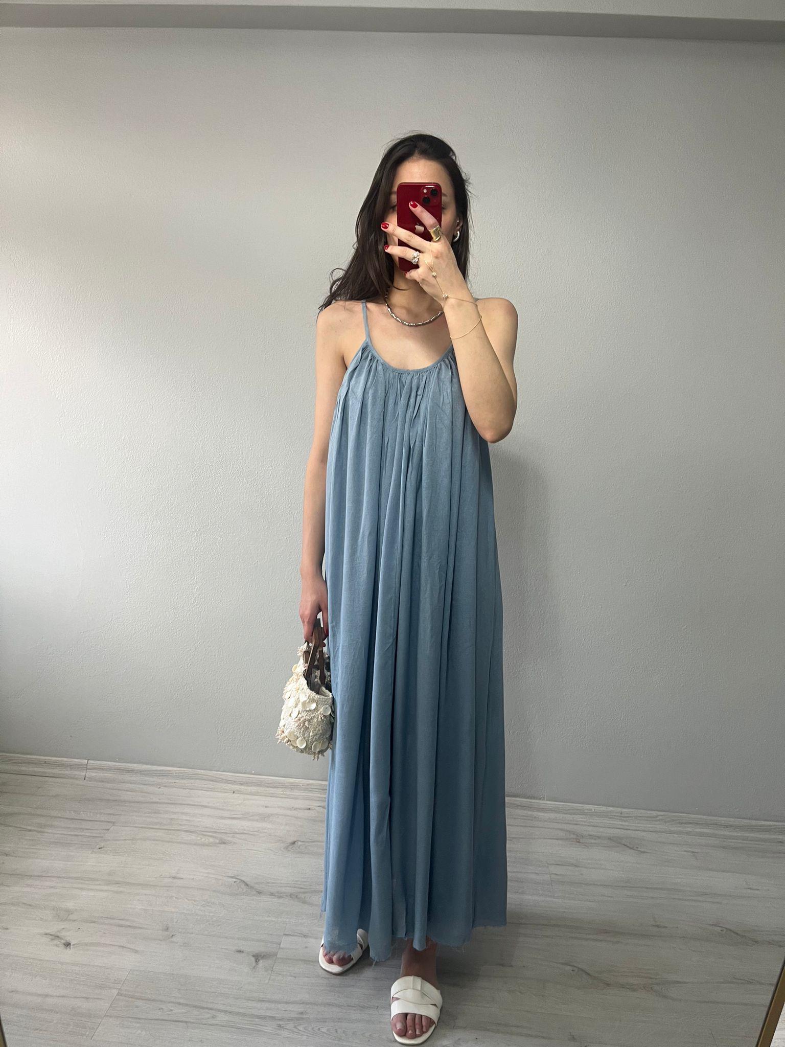 İp Askılı Astarlı Salaş Maxi Elbise Bebe Mavisi