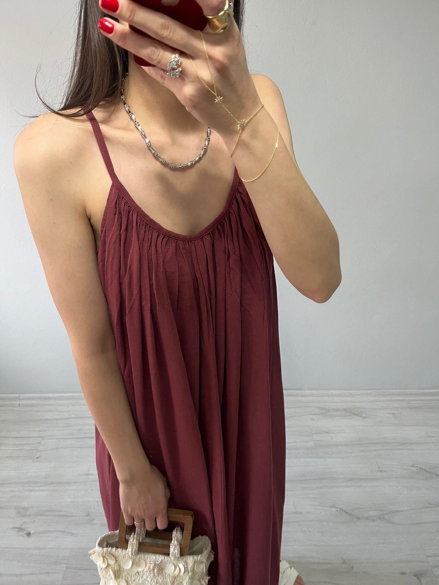 İp Askılı Astarlı Salaş Maxi Elbise Bordo