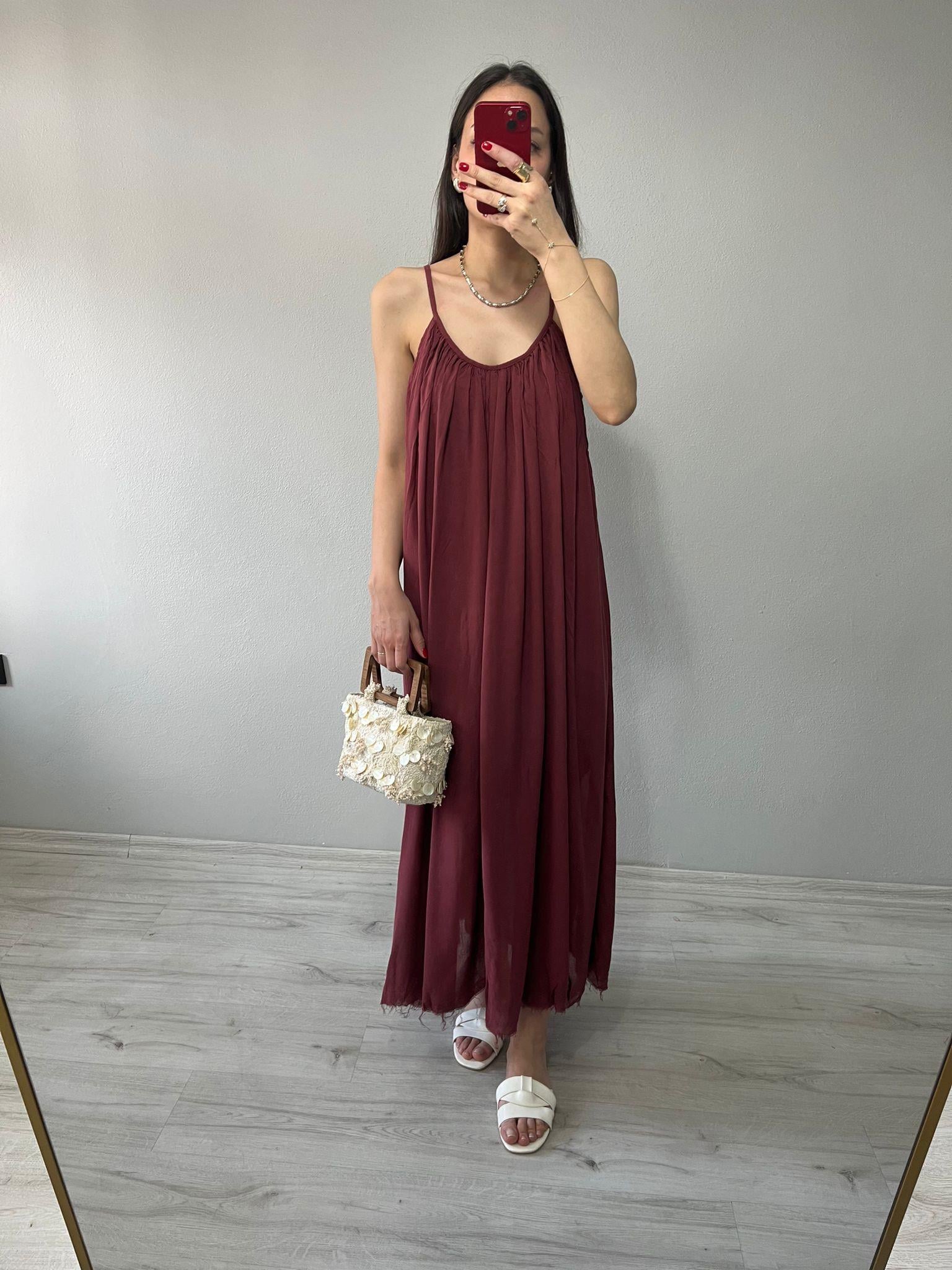 İp Askılı Astarlı Salaş Maxi Elbise Bordo