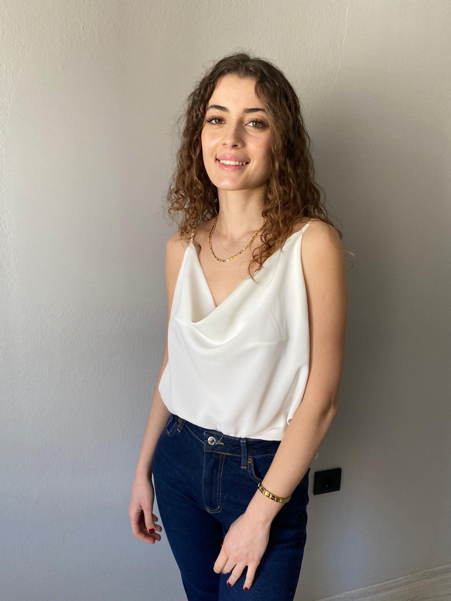 İp Askılı Saten Degaje Yaka Bluz Beyaz