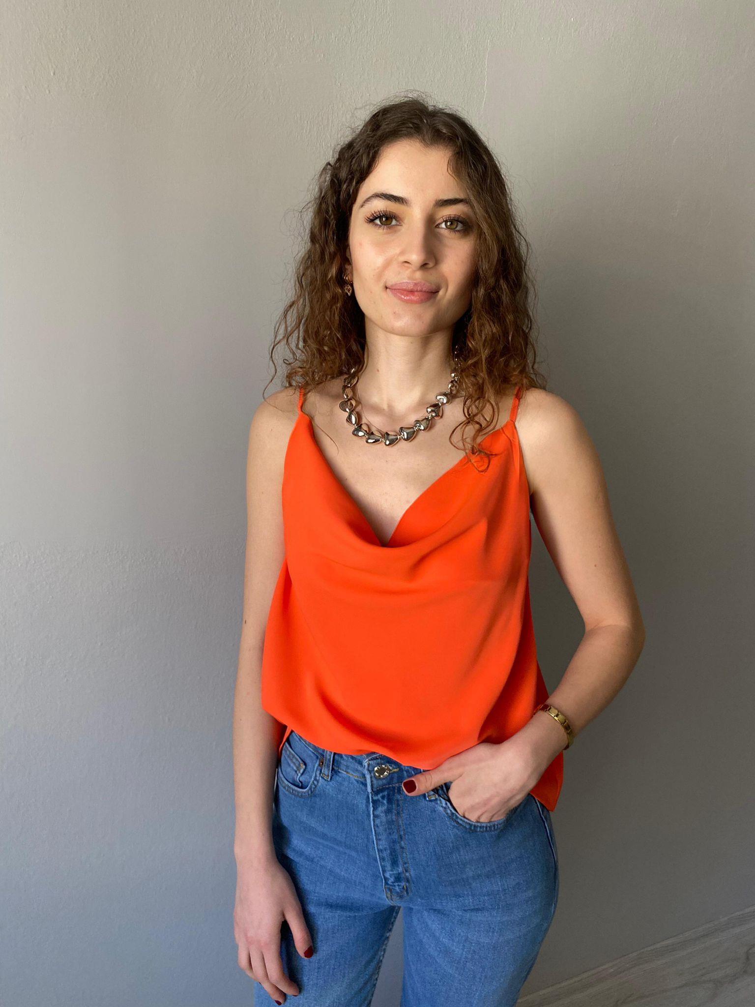 İp Askılı Saten Degaje Yaka Bluz Oranj