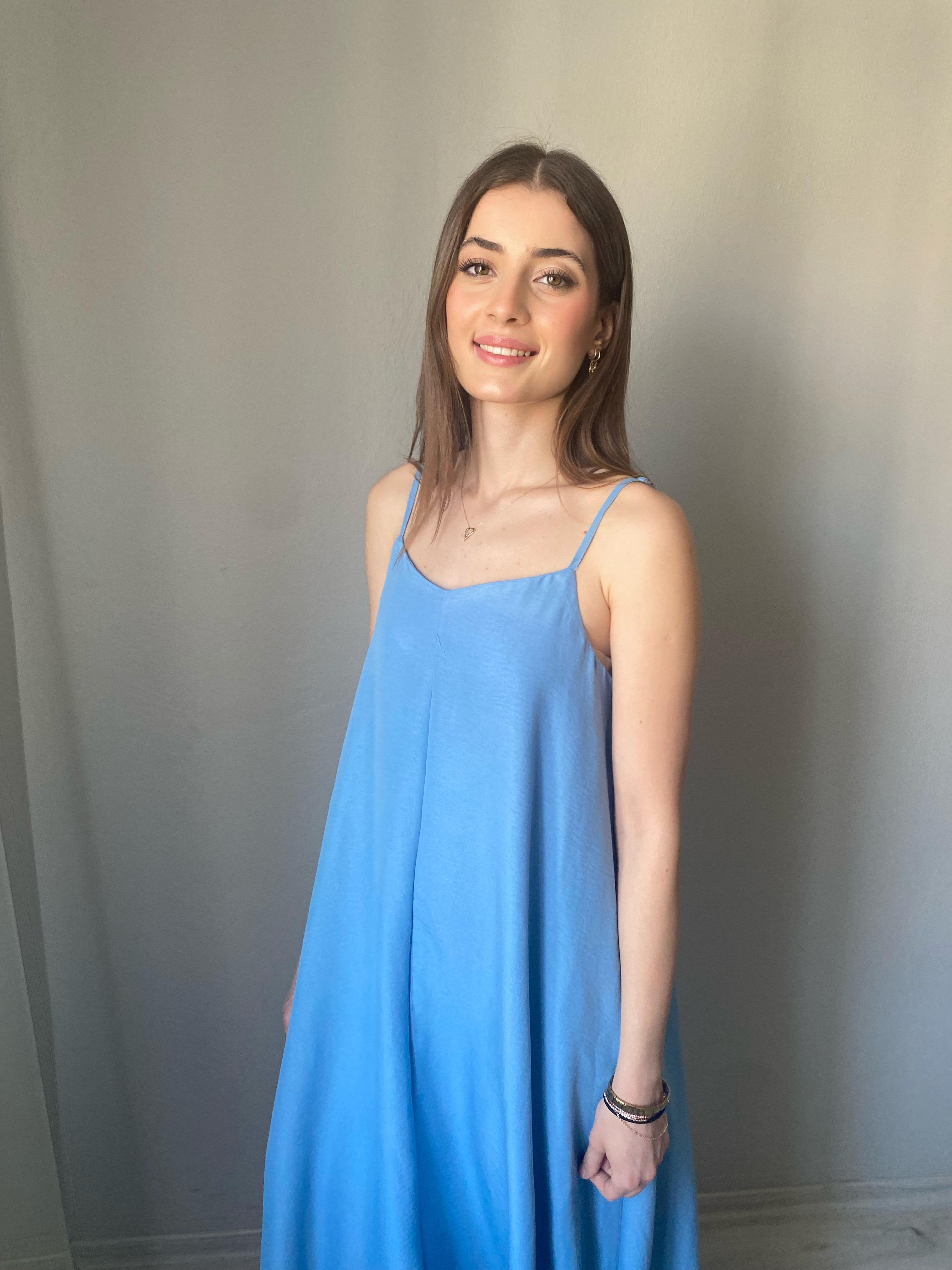 İp Askılı Tam Boy Salaş Elbise Mavi