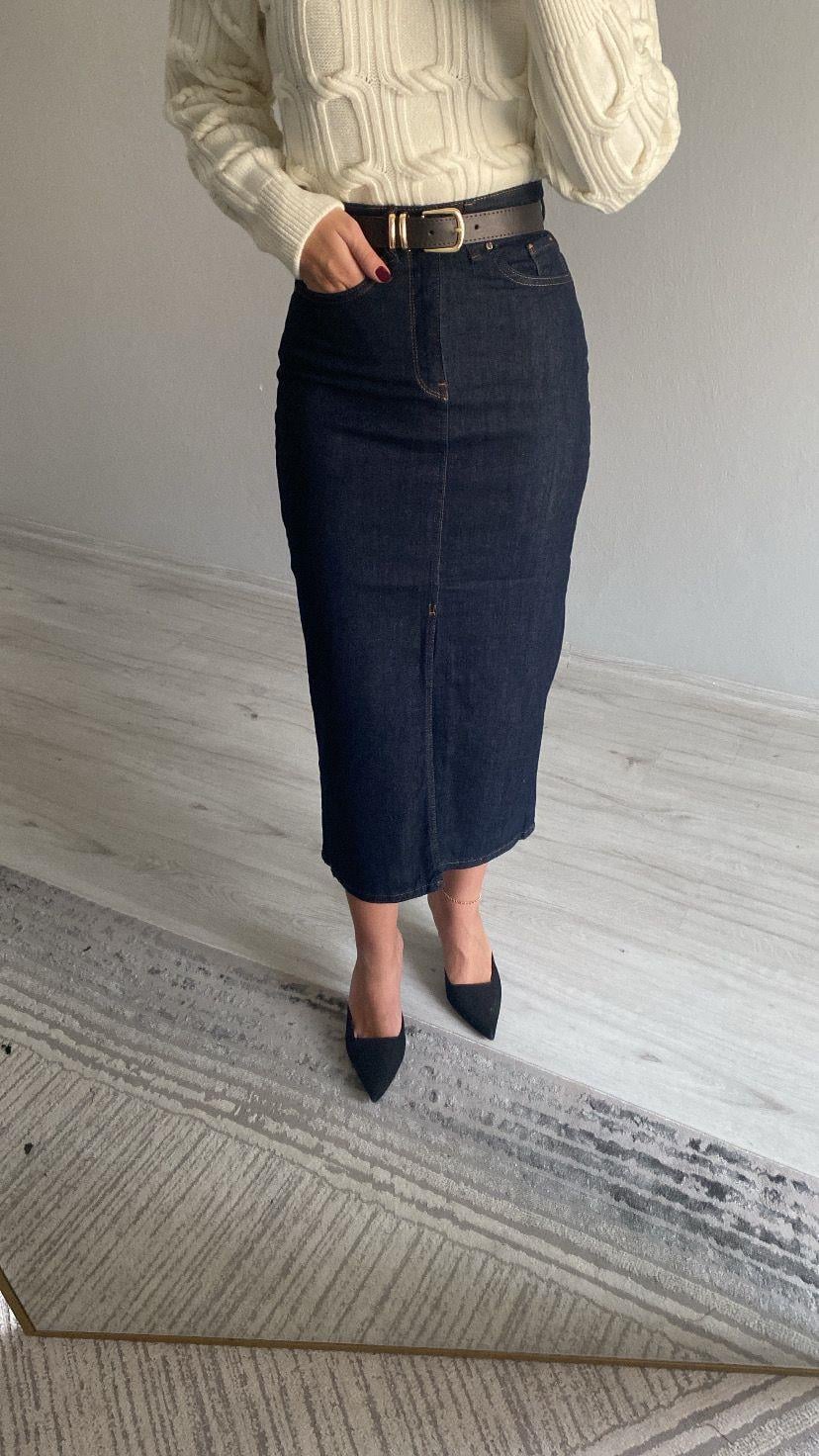 Kemerli Yüksek Bel Ön Yırtmaçlı Denim Etek - Lacivert