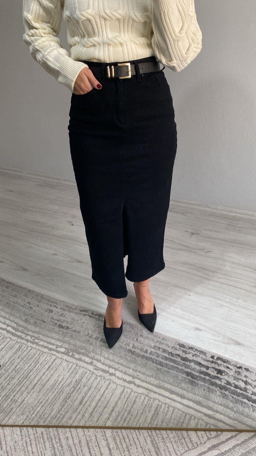 Kemerli Yüksek Bel Ön Yırtmaçlı Denim Etek - Siyah