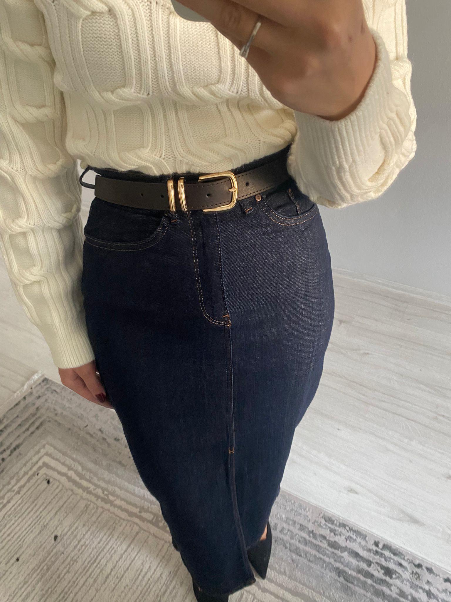 Kemerli Yüksek Bel Ön Yırtmaçlı Denim Etek - Lacivert