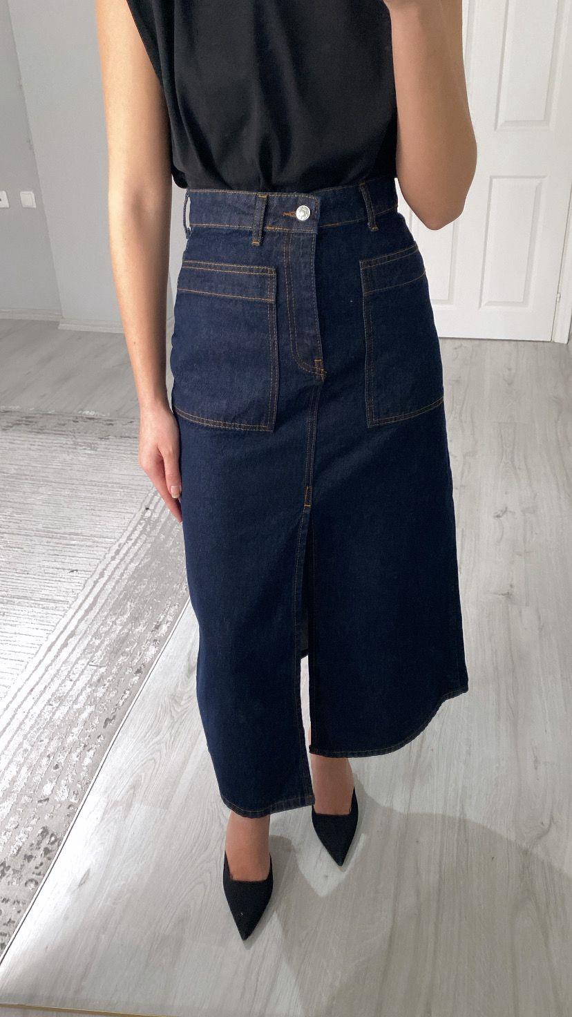 Koyu Lacivert Yırtmaçlı Denim Etek
