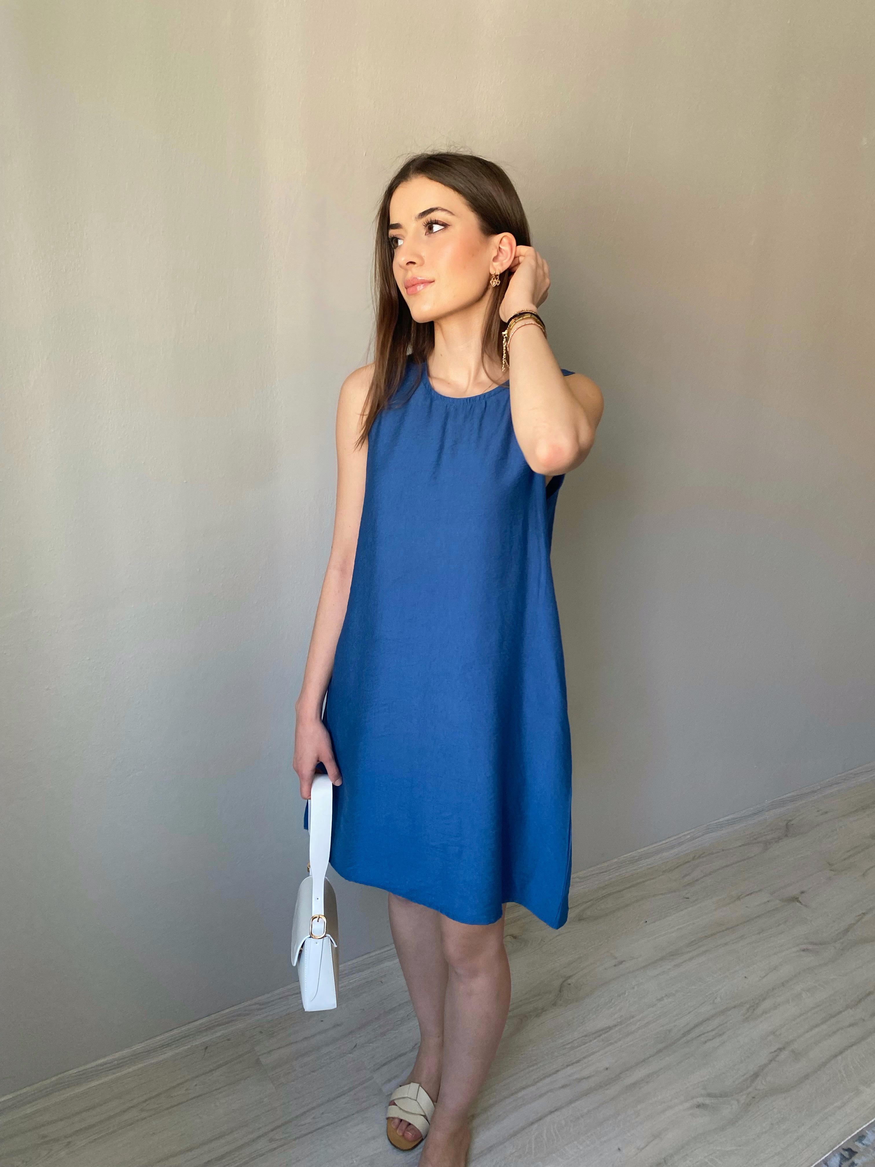 Lacivert  Kolsuz Cepli Basic Elbise