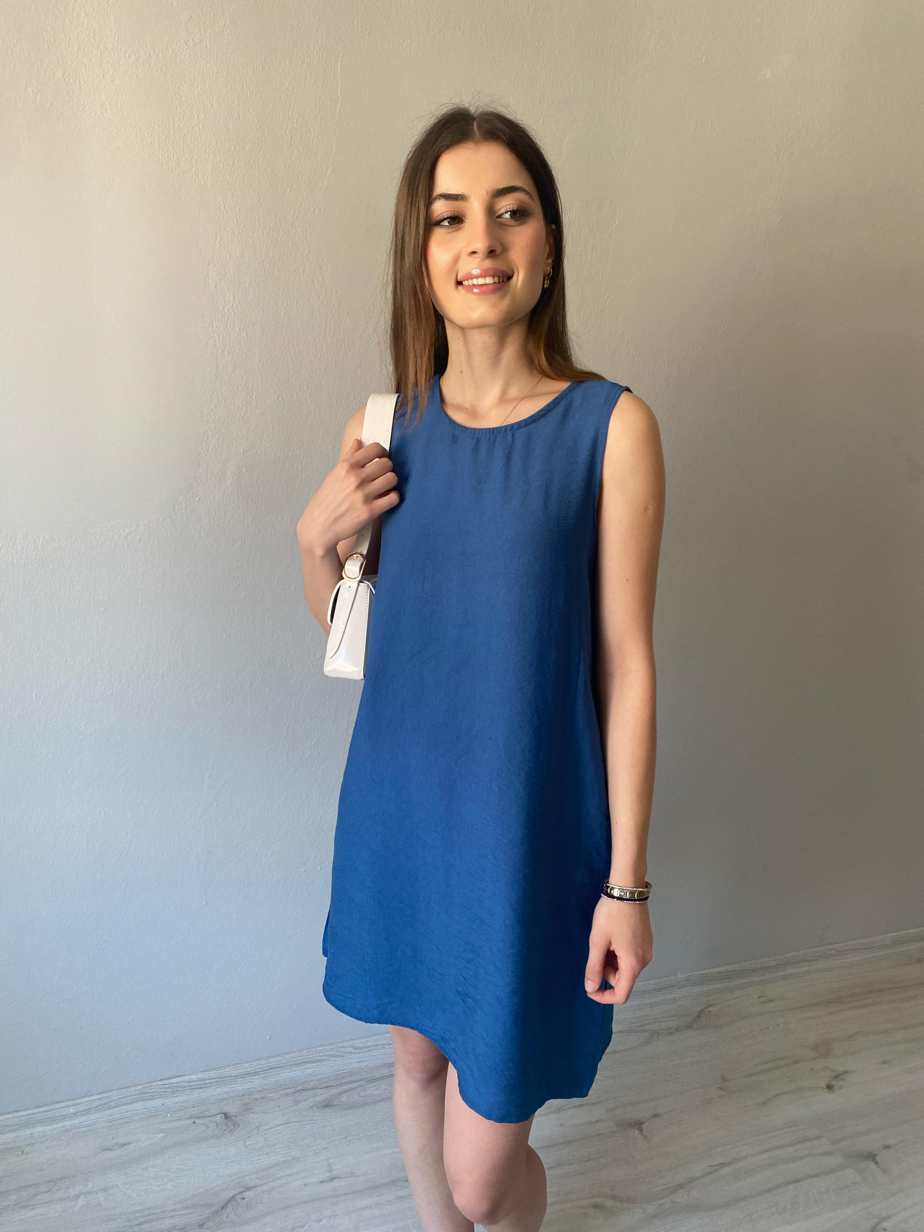 Lacivert  Kolsuz Cepli Basic Elbise