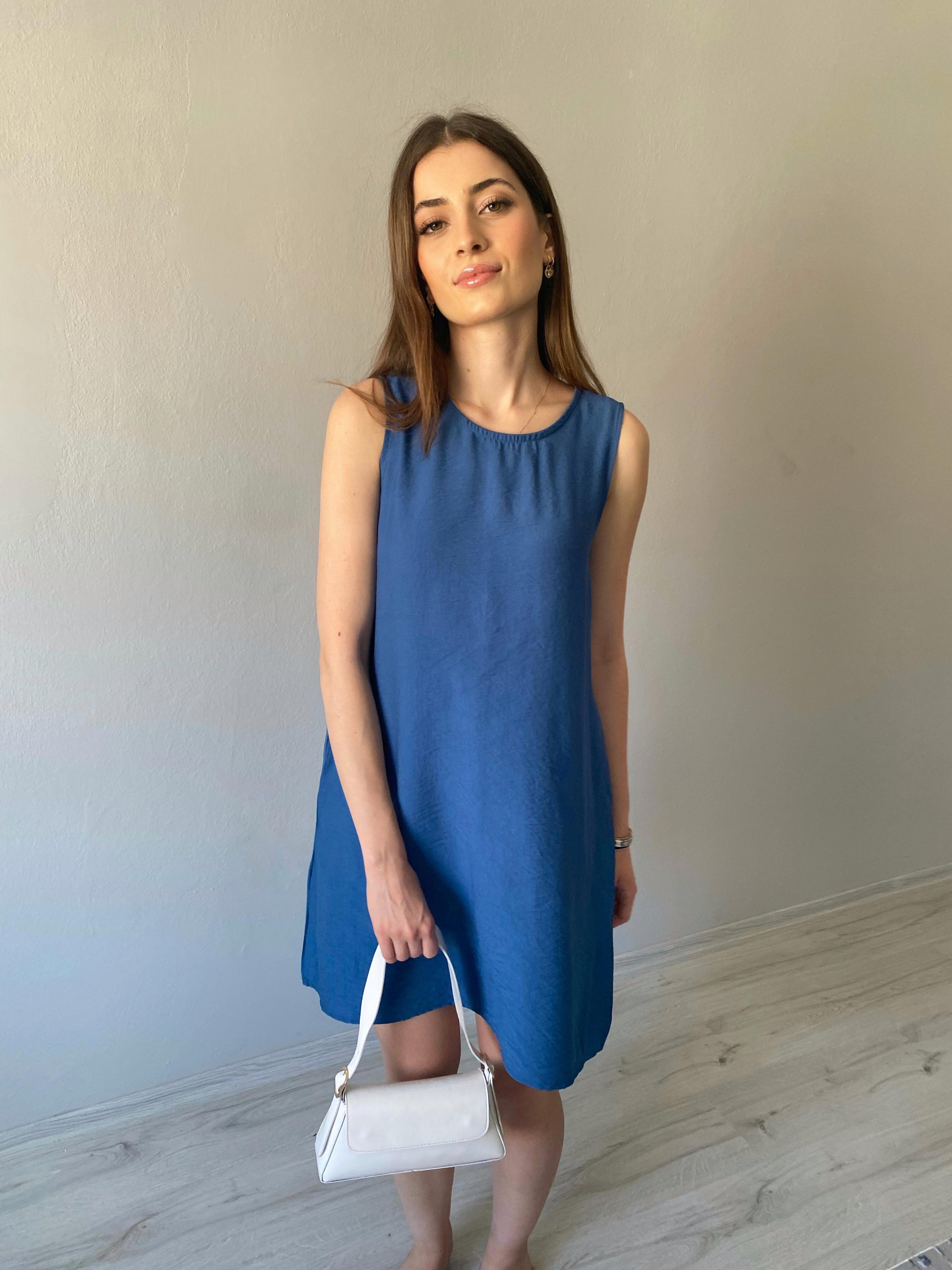 Lacivert  Kolsuz Cepli Basic Elbise