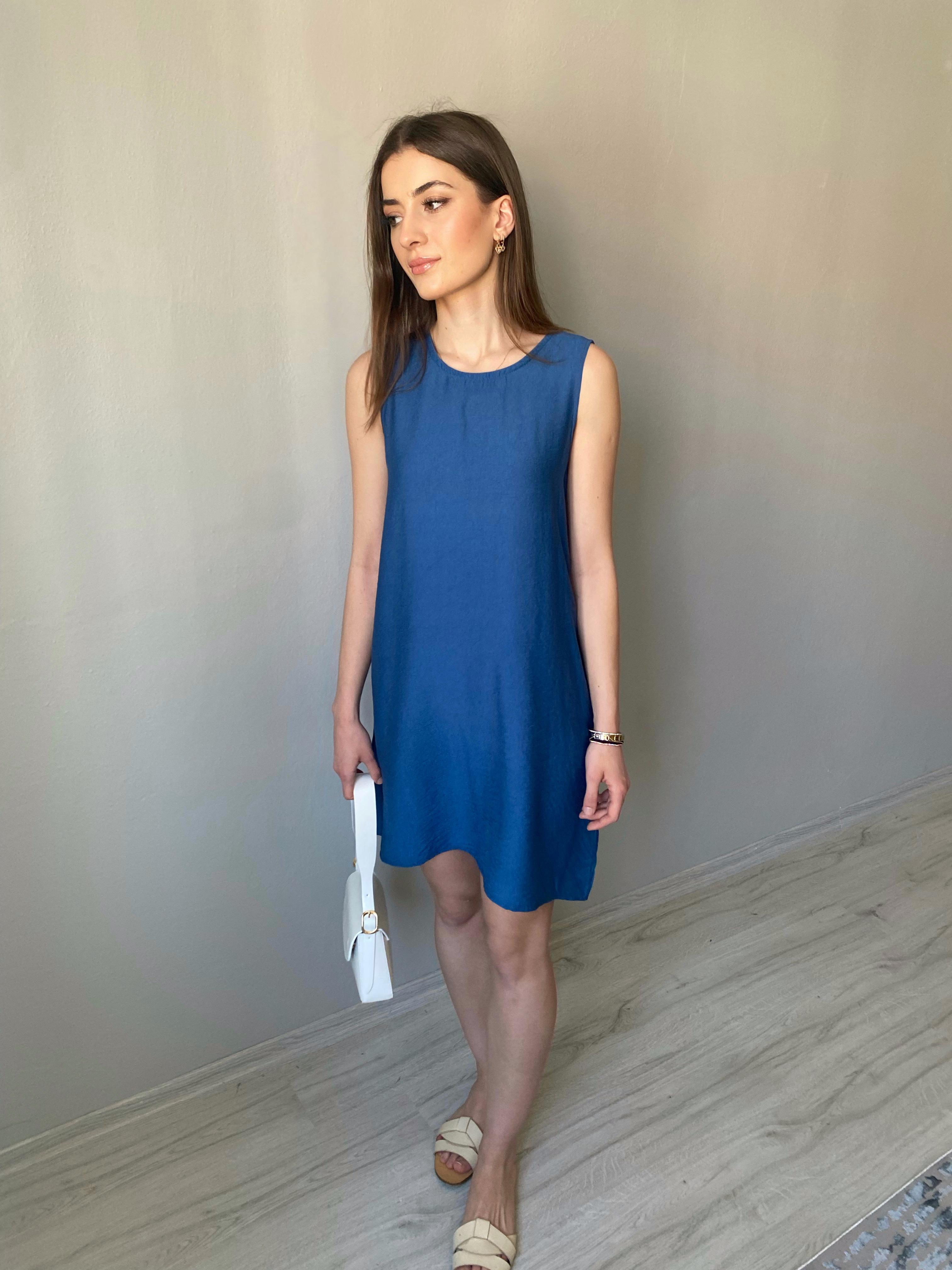 Lacivert  Kolsuz Cepli Basic Elbise