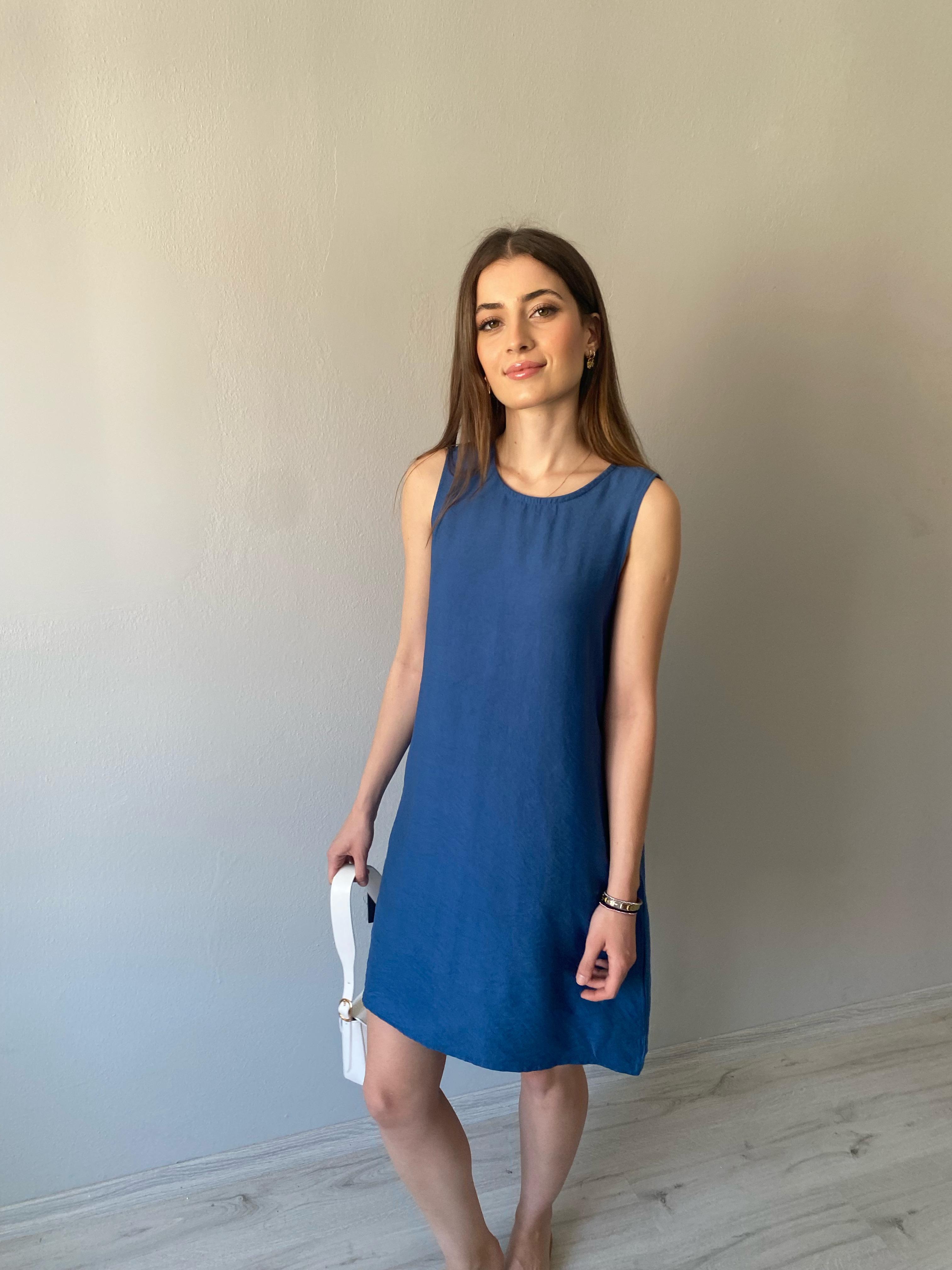 Lacivert  Kolsuz Cepli Basic Elbise