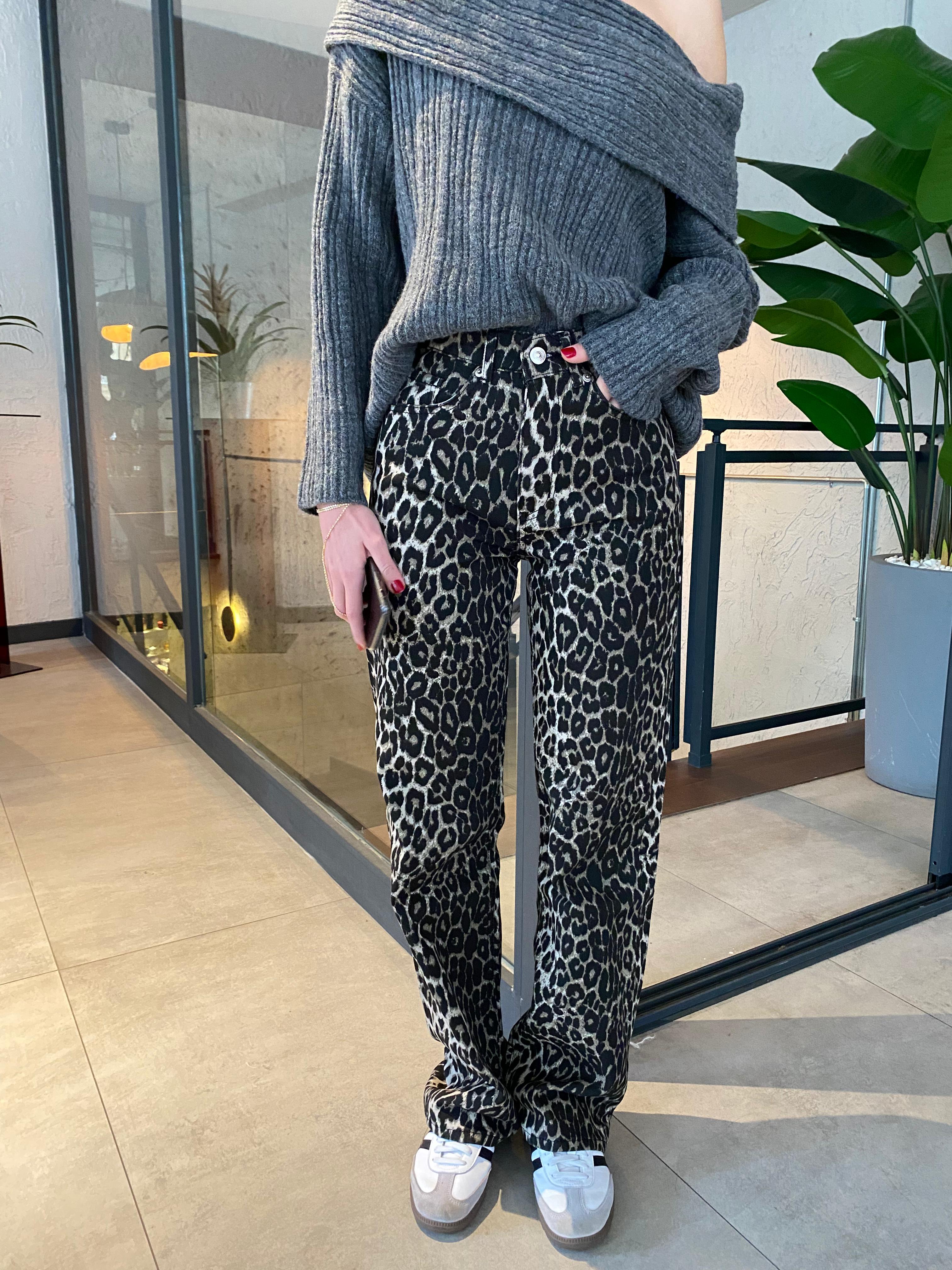 Leopar Desenli Yüksek Bel Straight Jean