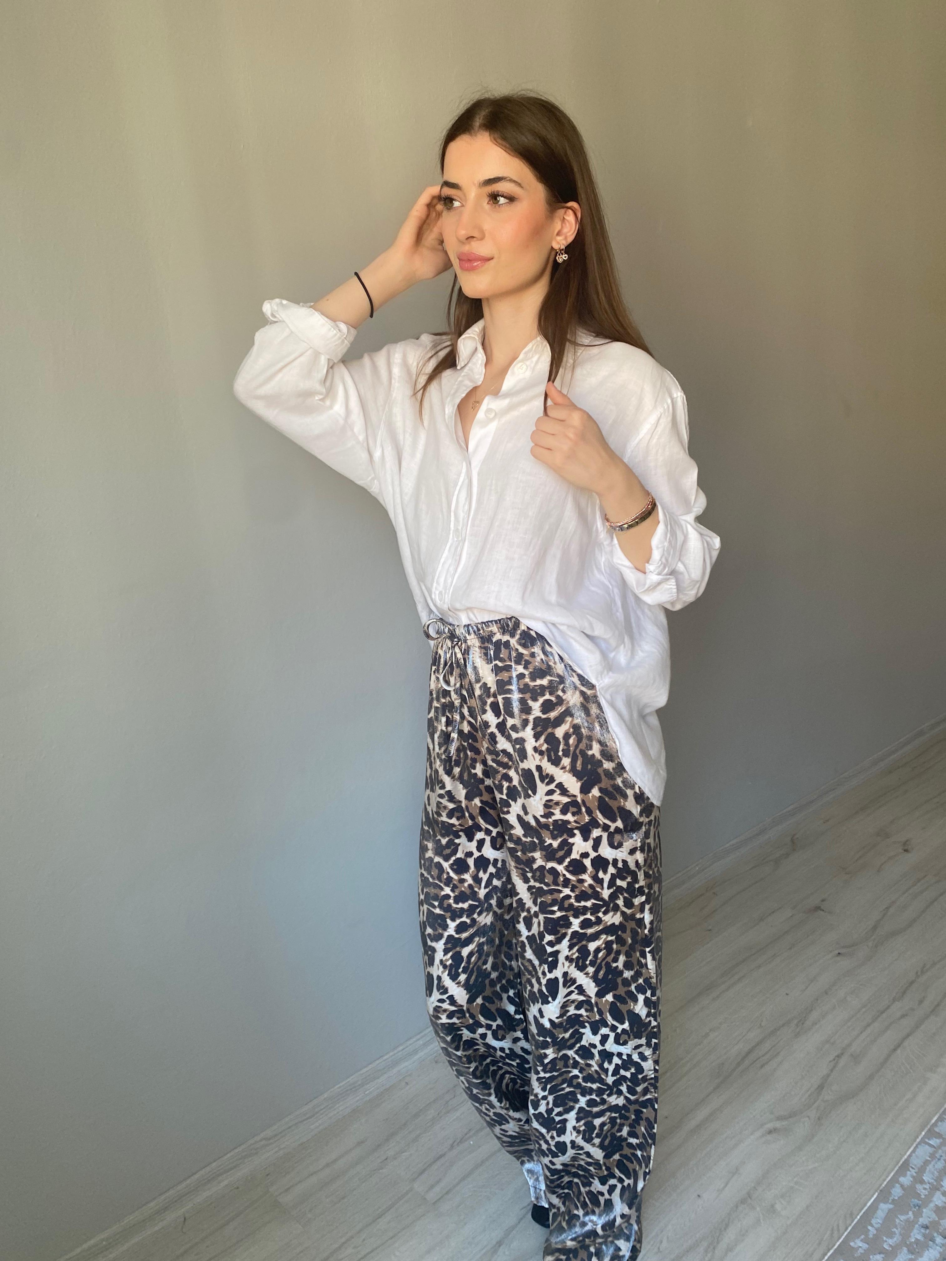 Lüx Kalite Soluk Efekt Parlak Kumaş Leopar Print Saten Palazzo
