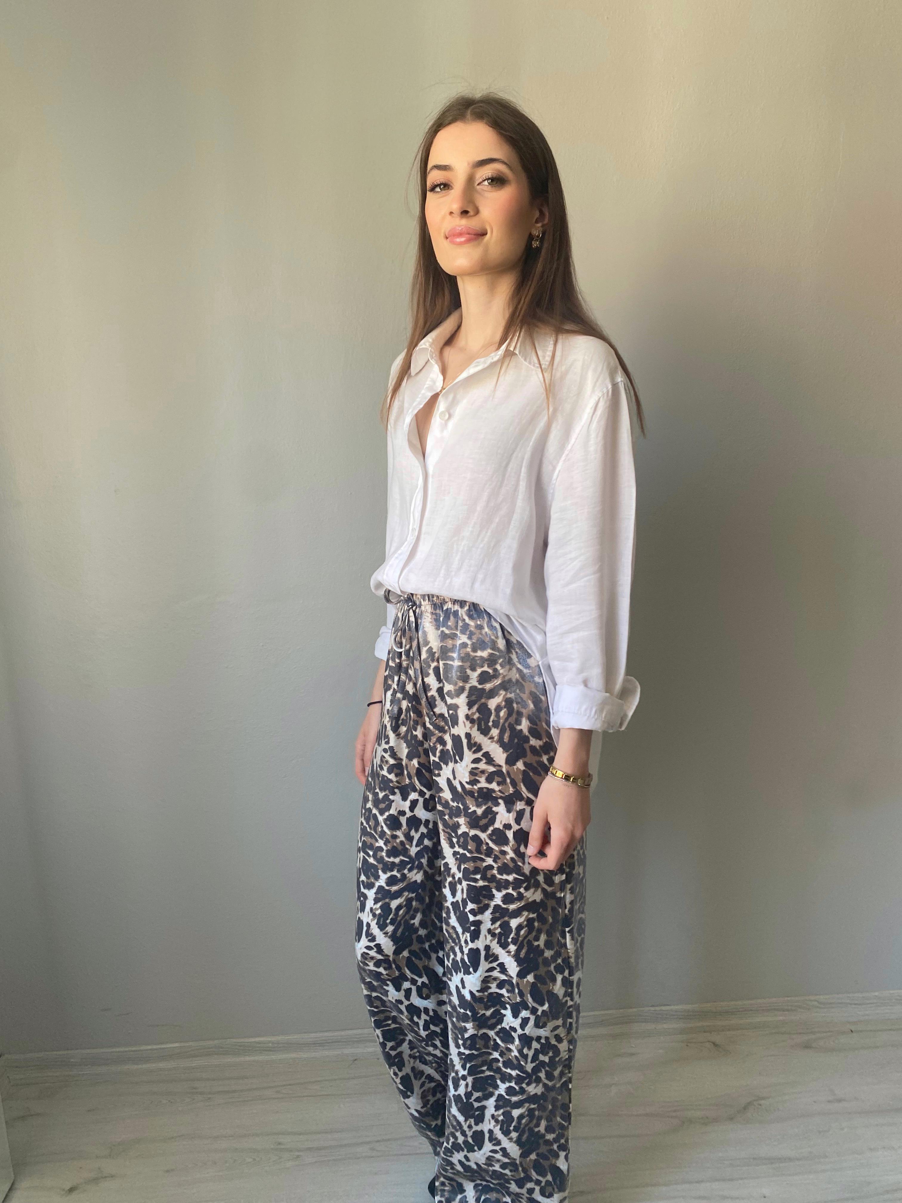 Lüx Kalite Soluk Efekt Parlak Kumaş Leopar Print Saten Palazzo