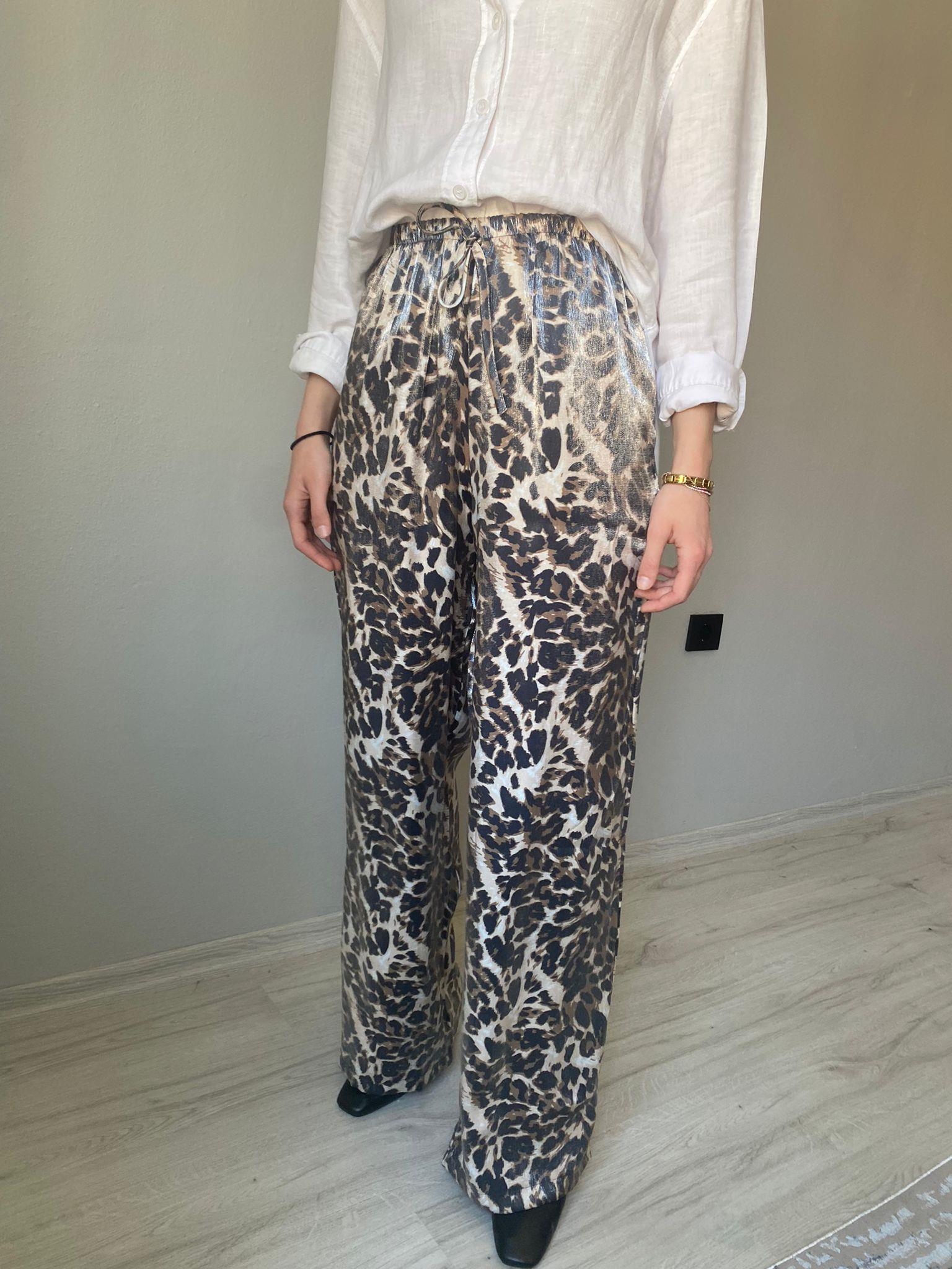 Lüx Kalite Soluk Efekt Parlak Kumaş Leopar Print Saten Palazzo
