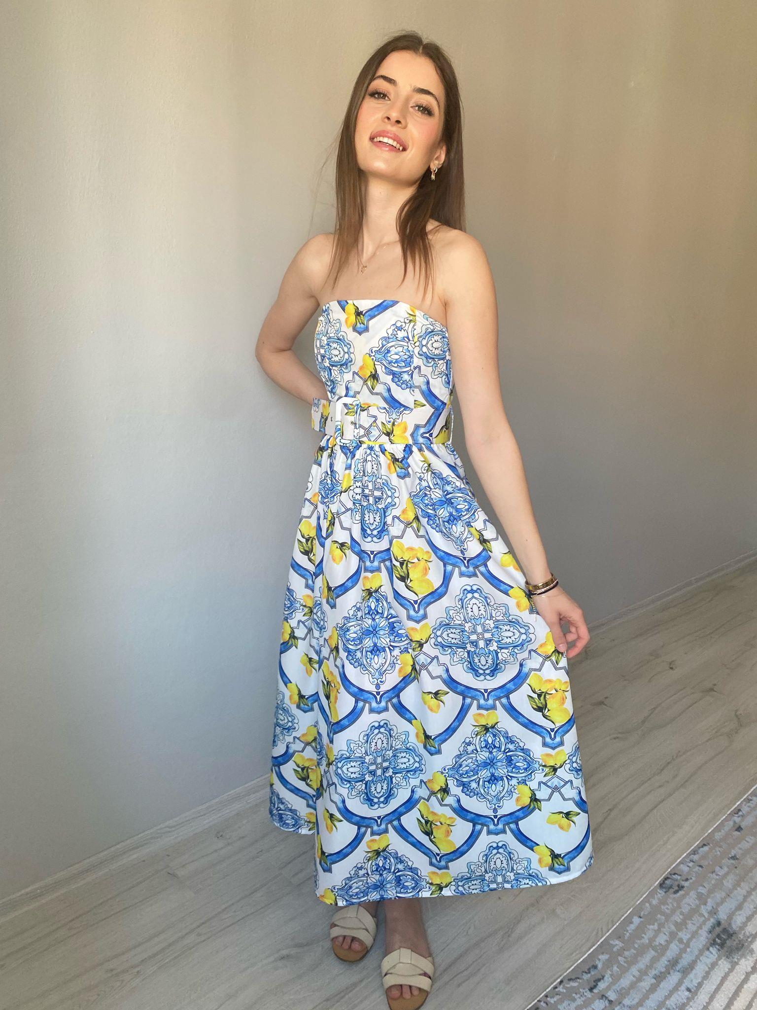 Marka Model Kemerli Straplez Çiçekli Elbise