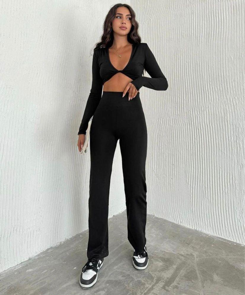 Marka Model Yüksek Bel Şardonlu İspanyol Paça Tayt Siyah