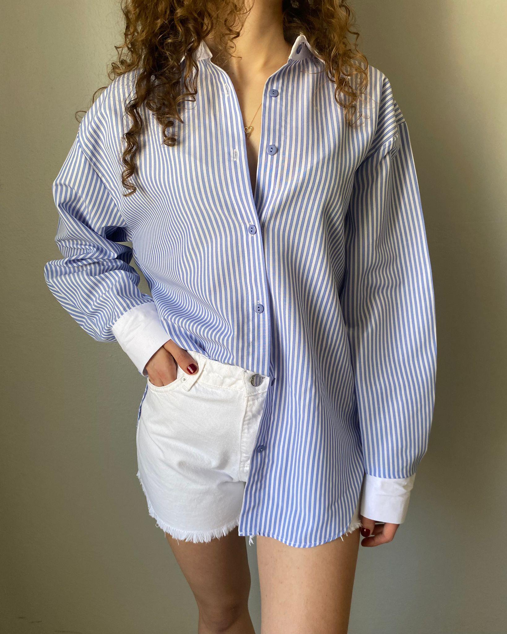 Mavi Çizgili Poplin Oversize Gömlek