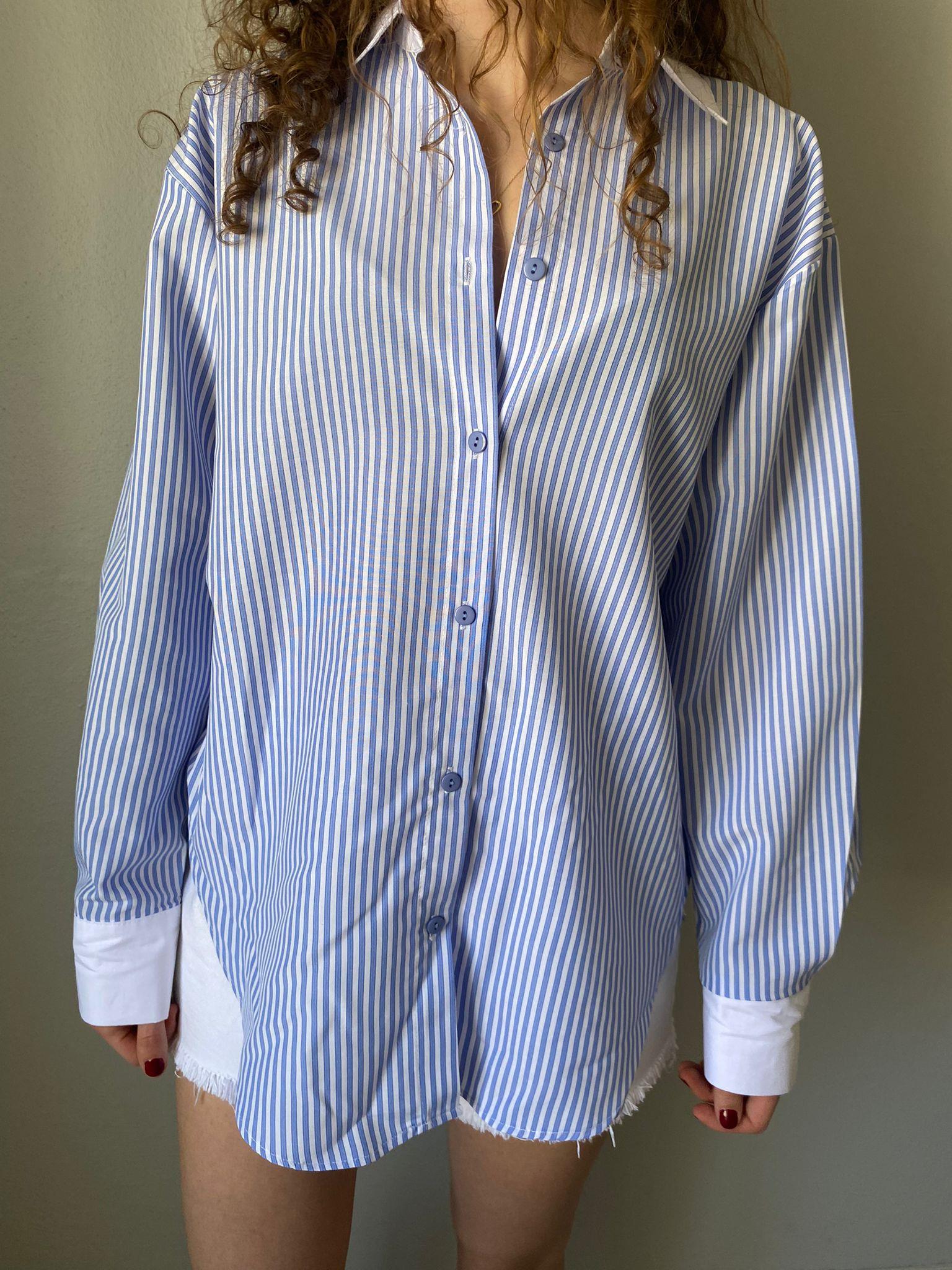 Mavi Çizgili Poplin Oversize Gömlek