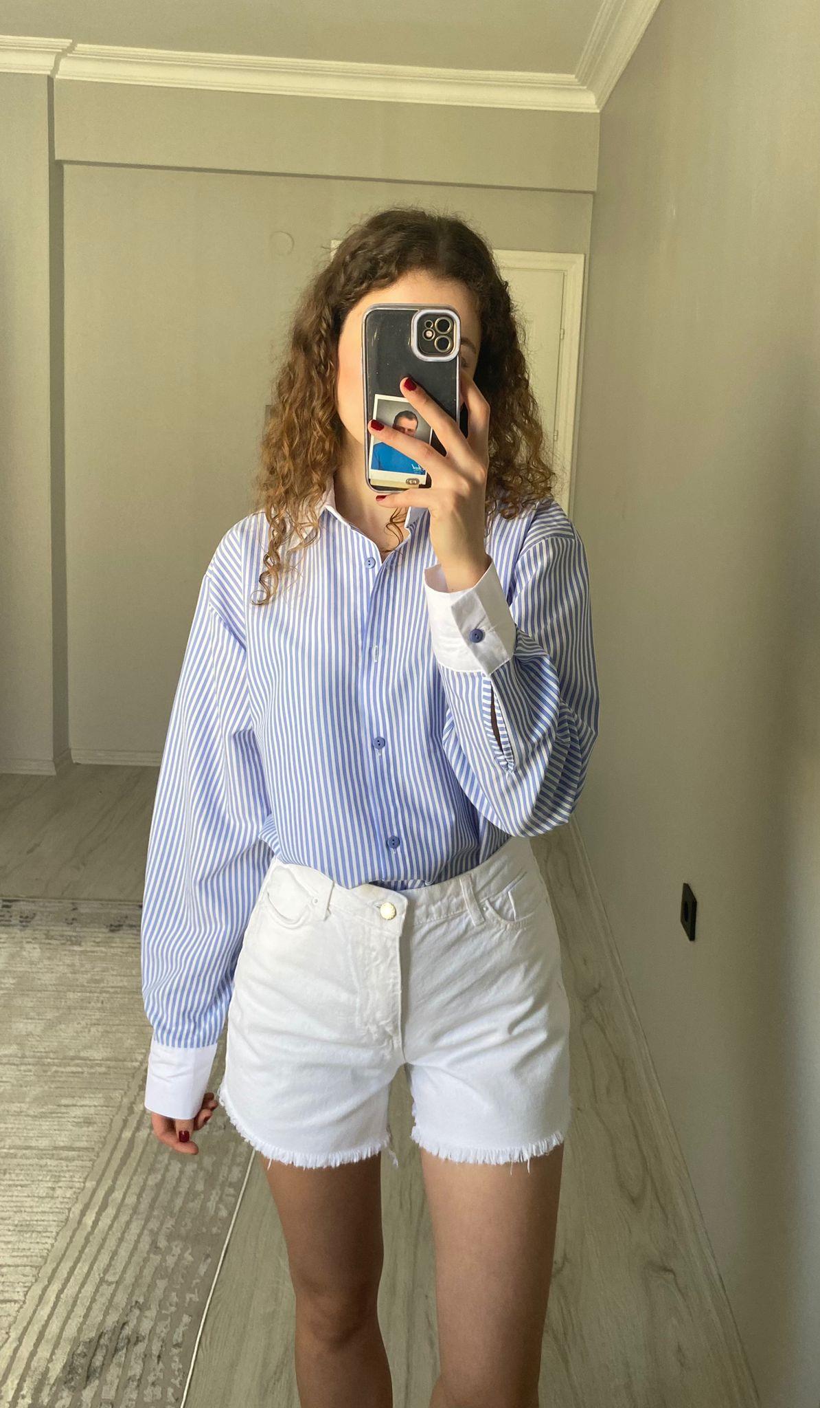 Mavi Çizgili Poplin Oversize Gömlek