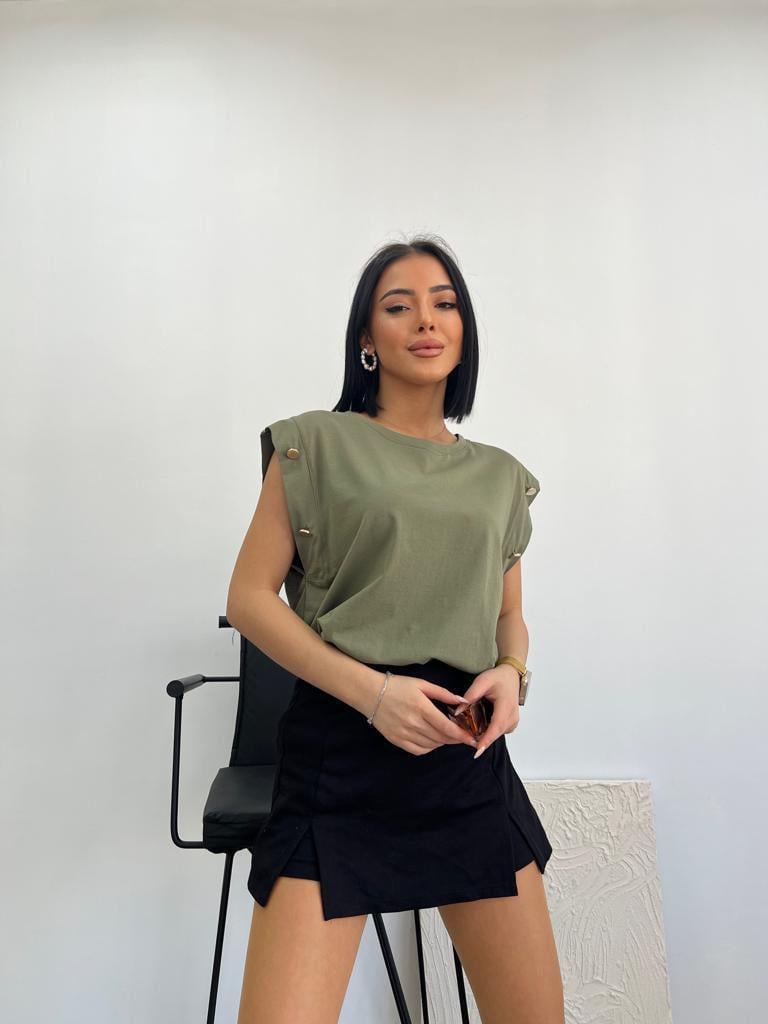 Omuzdan Gold Detaylı Basic Tshirt