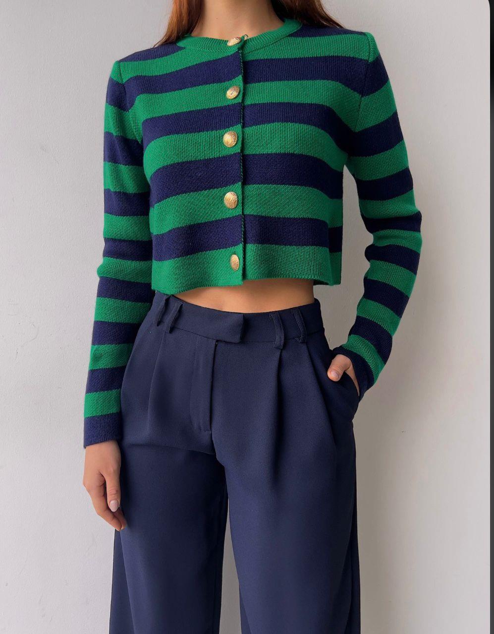 Ön Düğme Kapamalı Bisiklet Yaka Uzun Kollu Kadın Yeşil Hırka