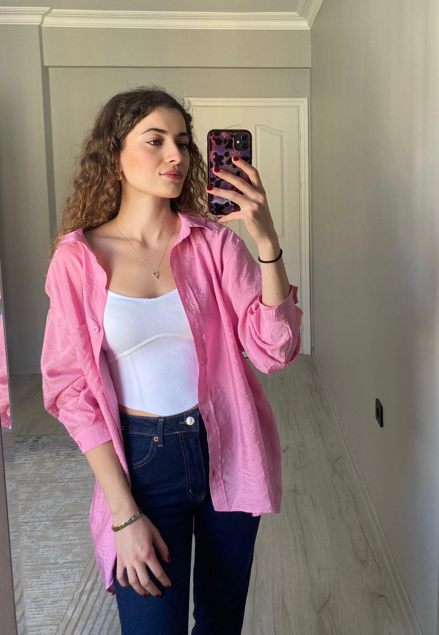 Oversize Organik Kumaş Gömlek Şeker Pembesi