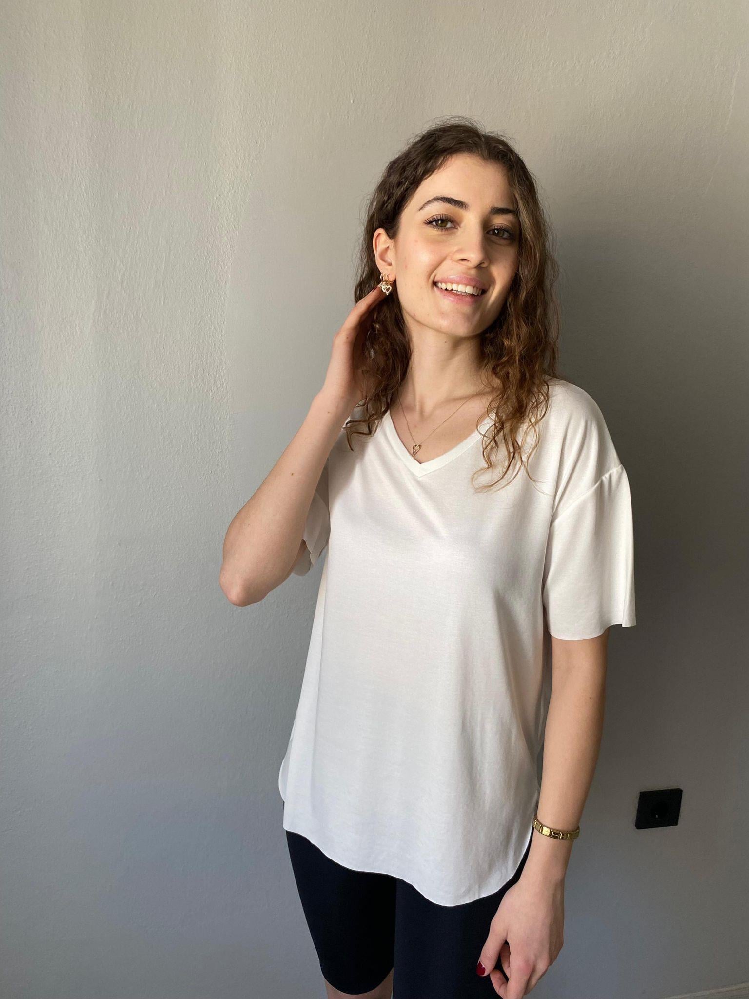 Oysh Modal Kumaş V Yaka Tshirt Beyaz