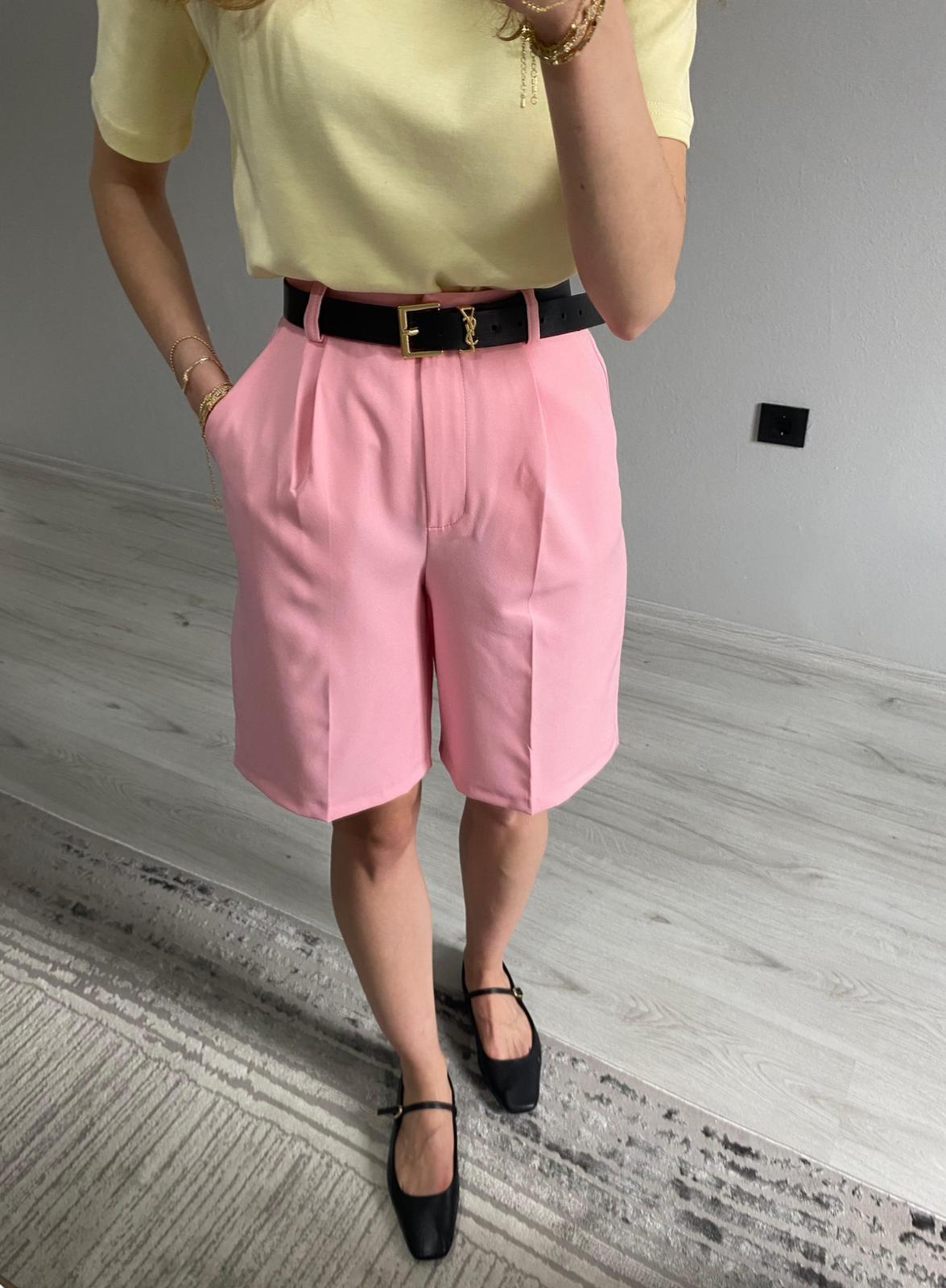 Pembe Yüksek Bel Kumaş Şehir Boy Şort