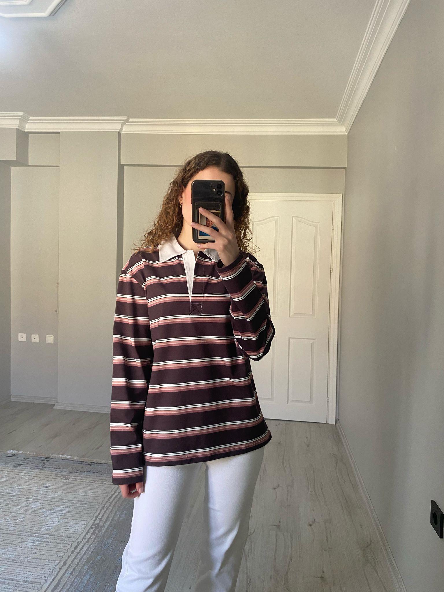Polo Yaka Kahve Pembe Çizgili Uzun Kol Pamuklu Basic Tshirt