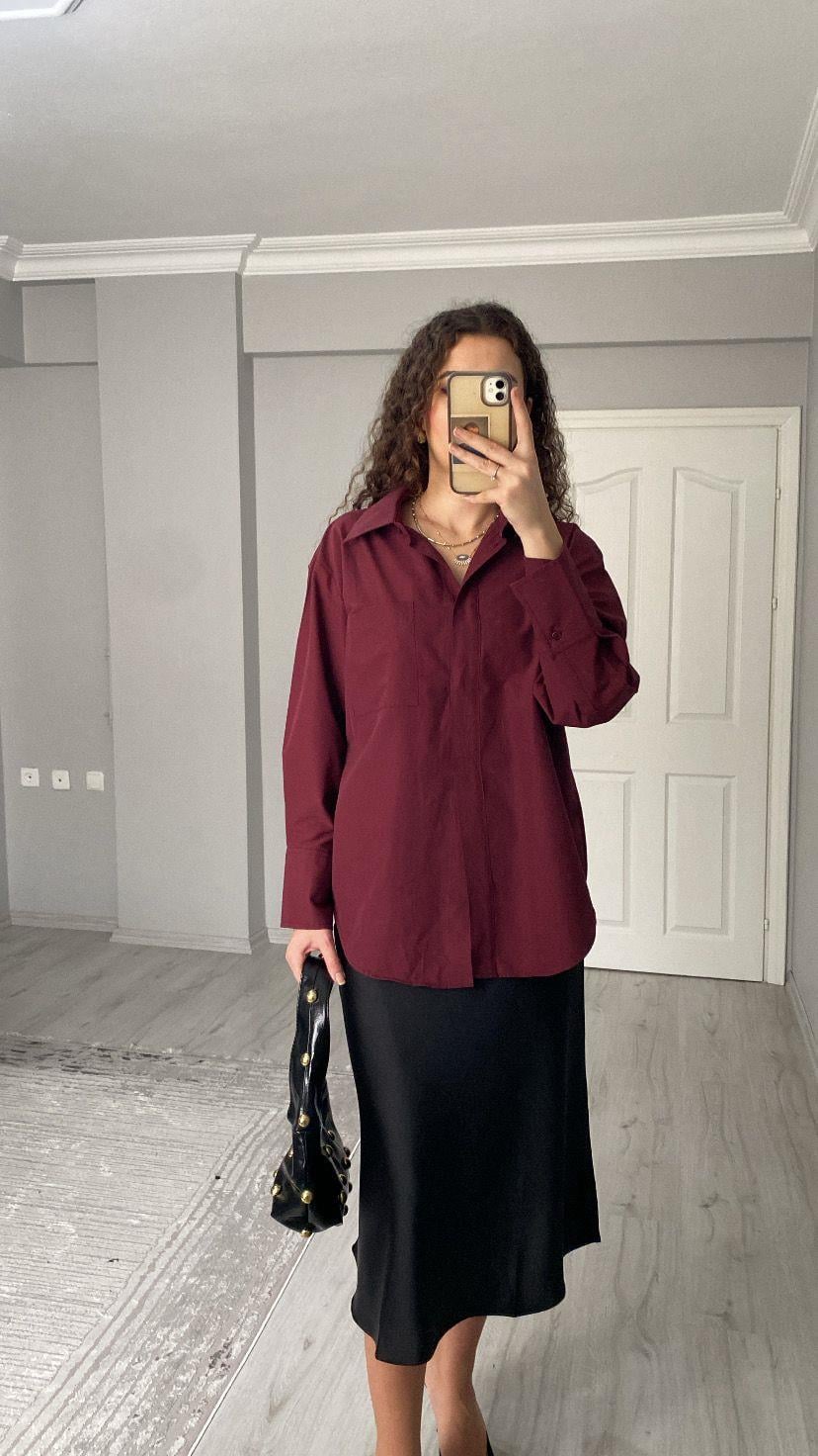 Premium Kalite Bordo Oversize Gömlek