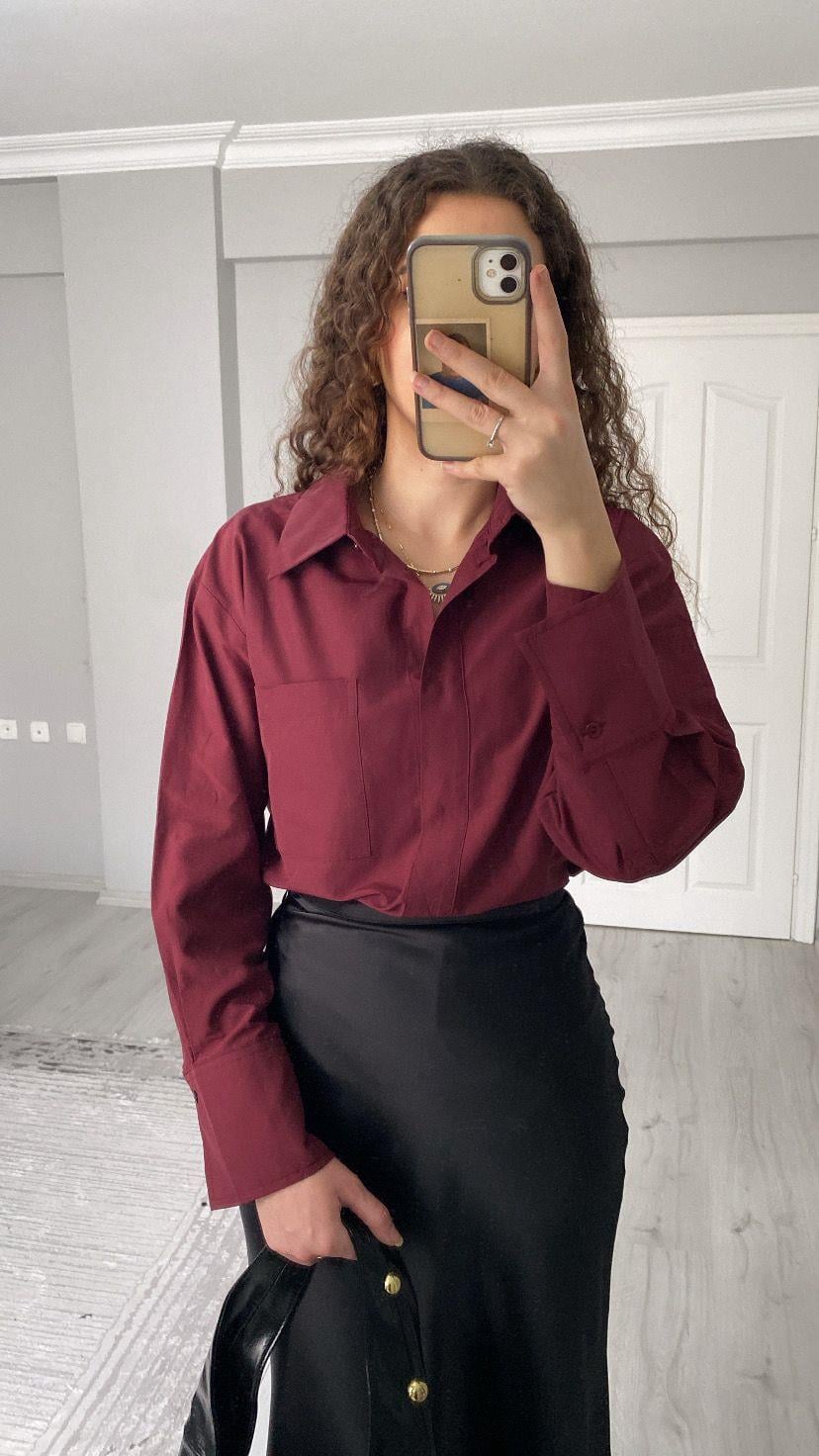 Premium Kalite Bordo Oversize Gömlek