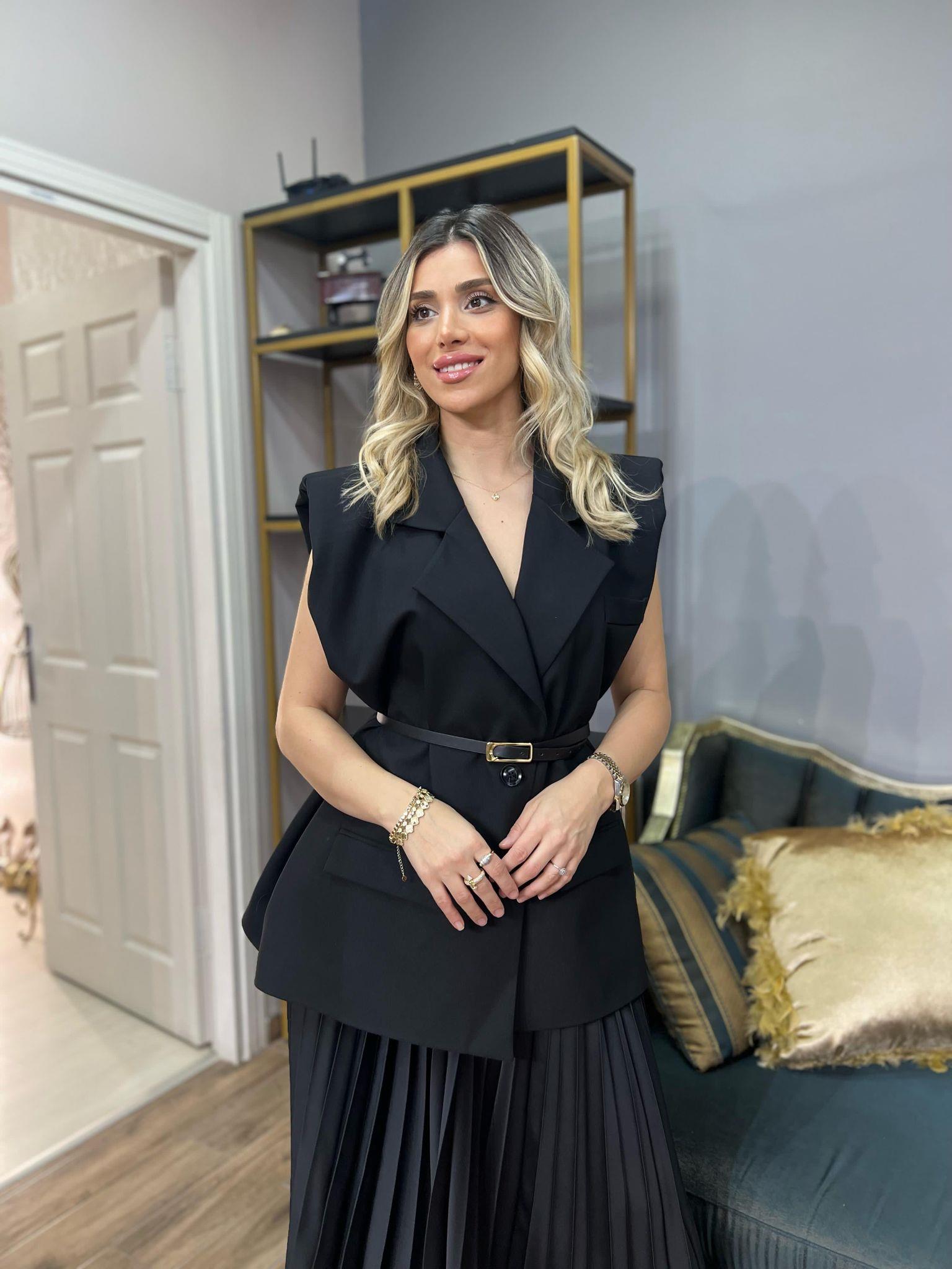Premium Kalite Kemerli Oversize Kesim Vatkalı Blazer Yelek Siyah