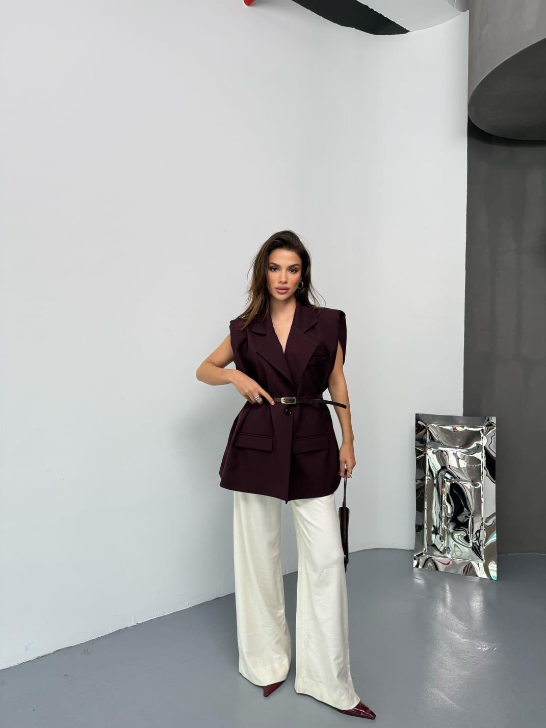 Premium Kalite Kemerli Oversize Kesim Vatkalı Blazer Yelek Bordo