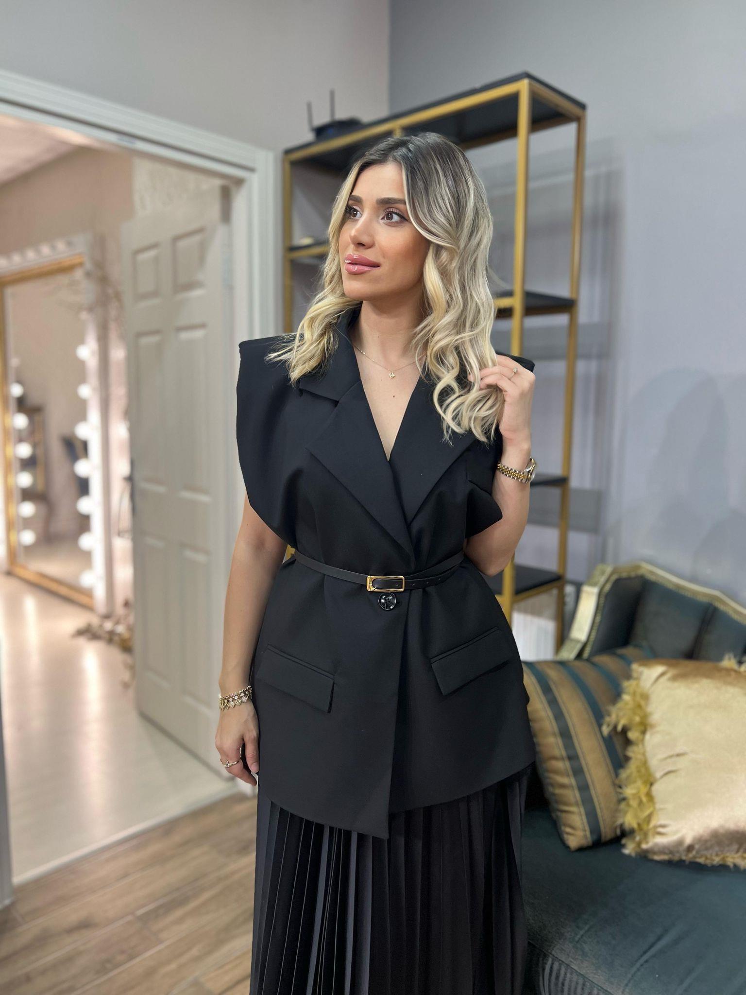 Premium Kalite Kemerli Oversize Kesim Vatkalı Blazer Yelek Siyah