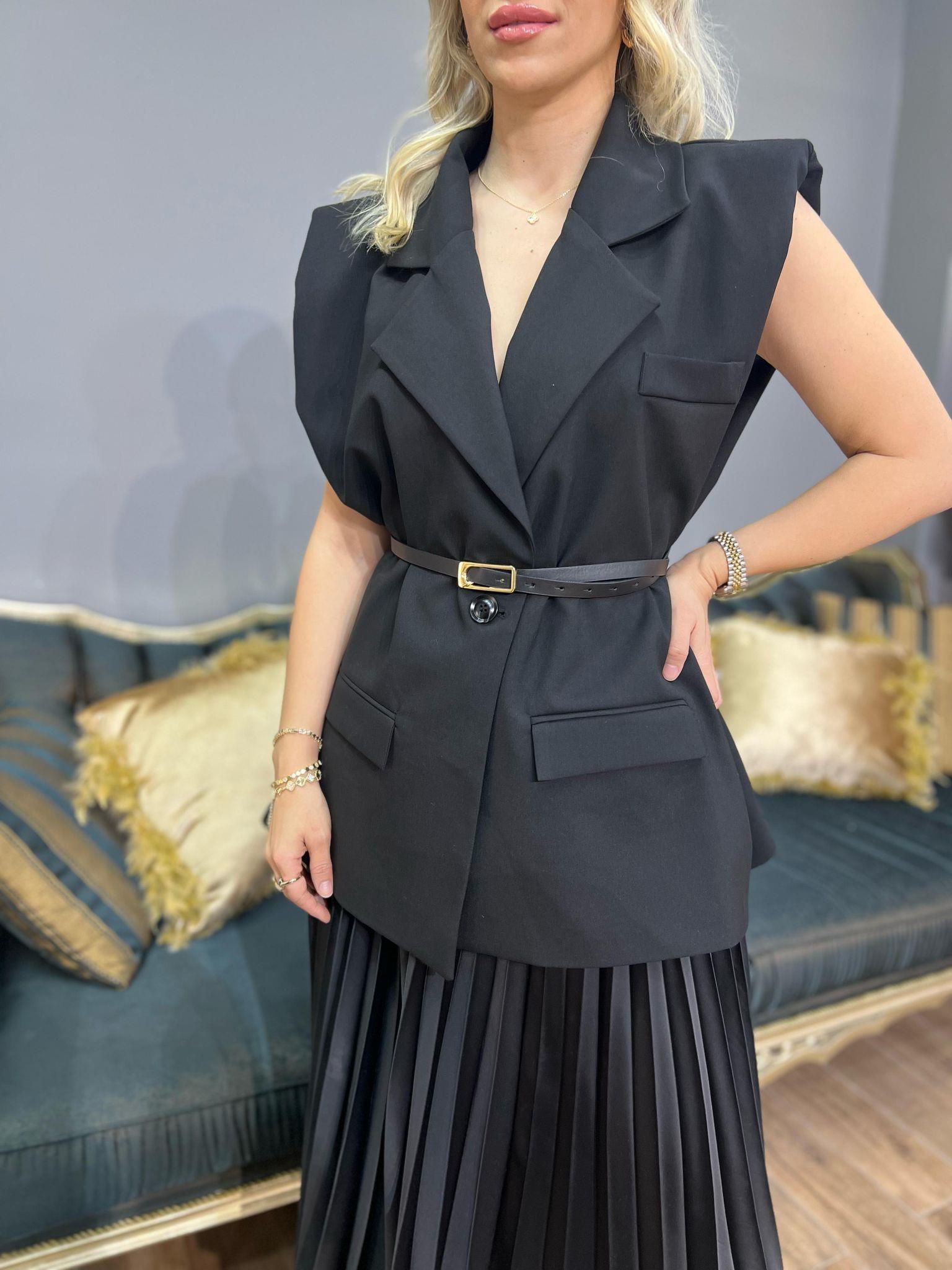 Premium Kalite Kemerli Oversize Kesim Vatkalı Blazer Yelek Siyah