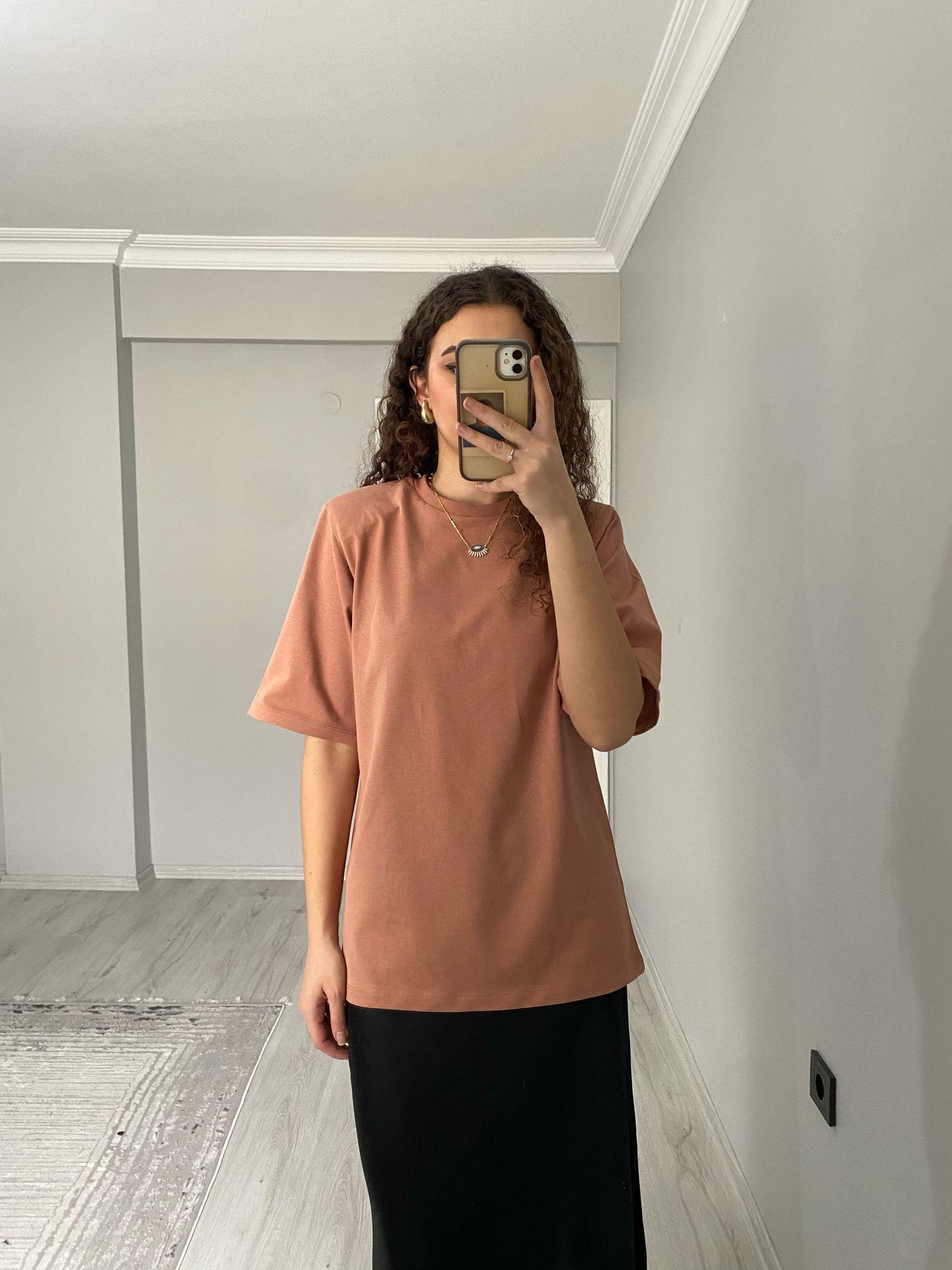 Premium Kalite Vatkalı Pamuklu Kısa Kollu Tshirt Somon