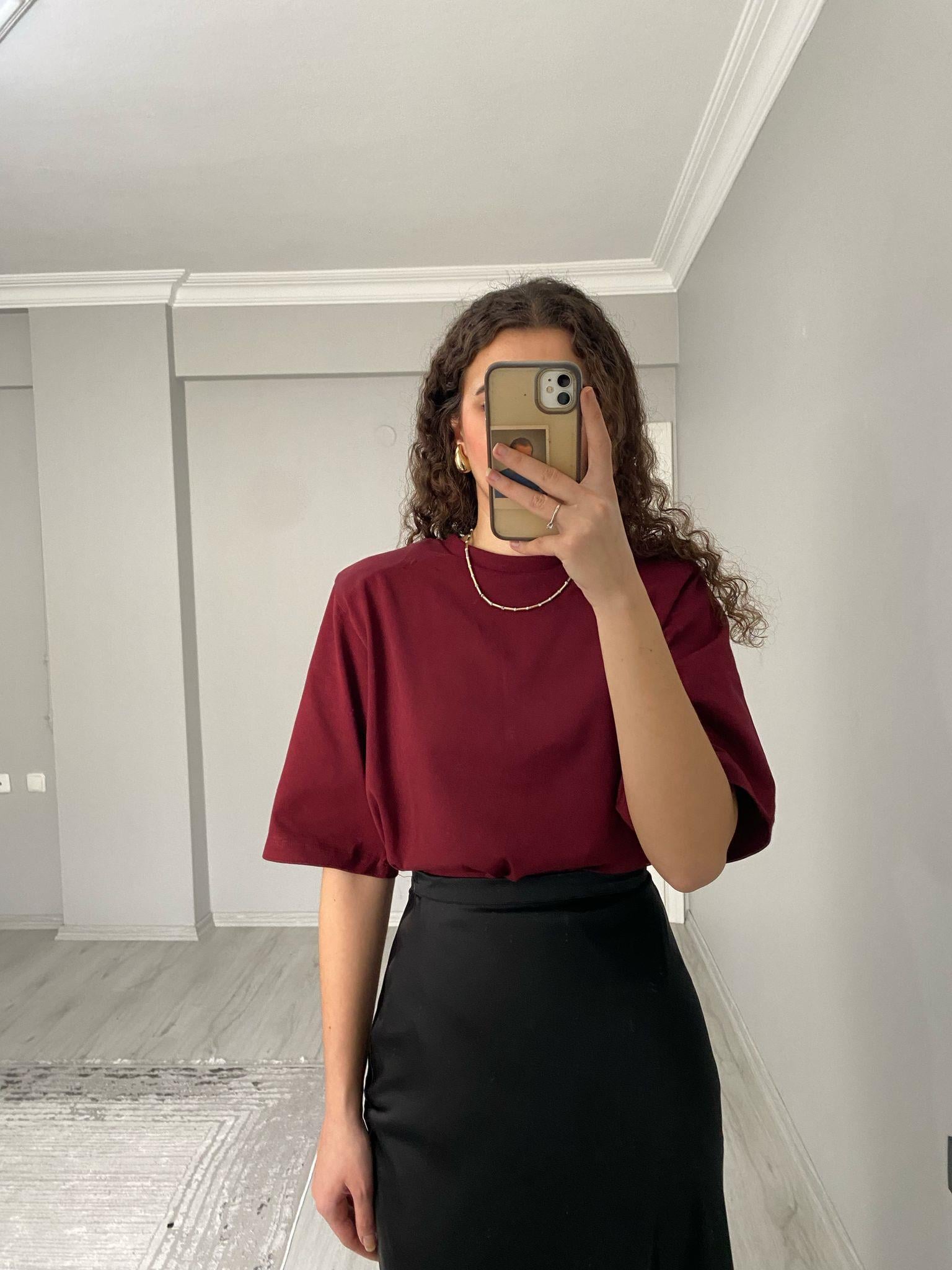 Premium Kalite Vatkalı Pamuklu Kısa Kollu Tshirt Bordo