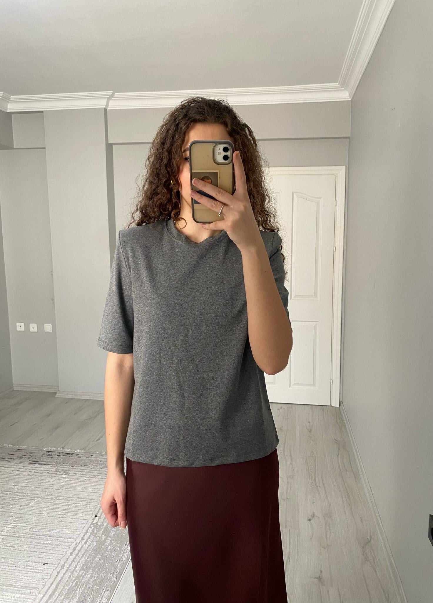 Premium Kalite Vatkalı Pamuklu Kısa Kollu Tshirt Gri
