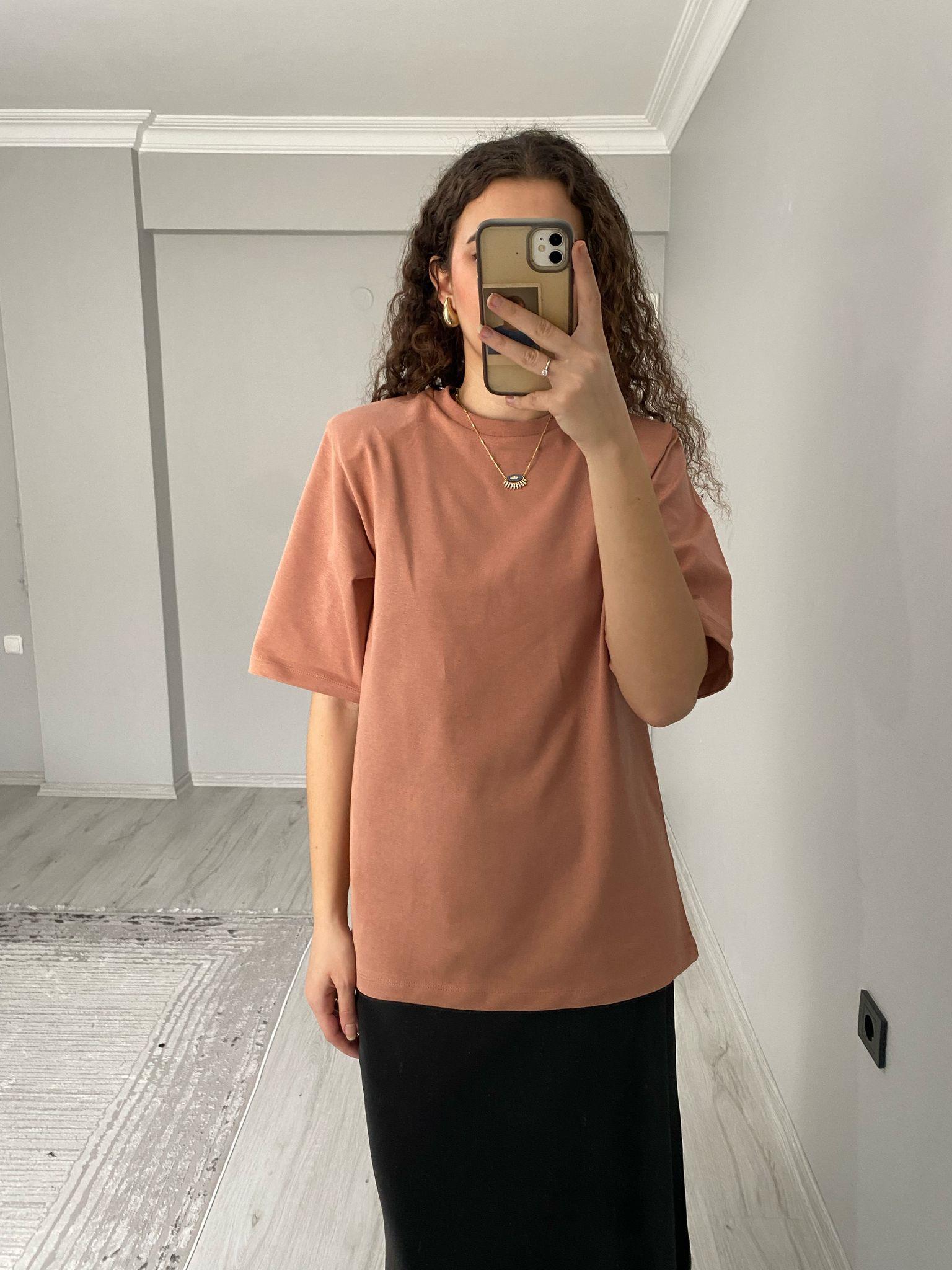 Premium Kalite Vatkalı Pamuklu Kısa Kollu Tshirt Somon